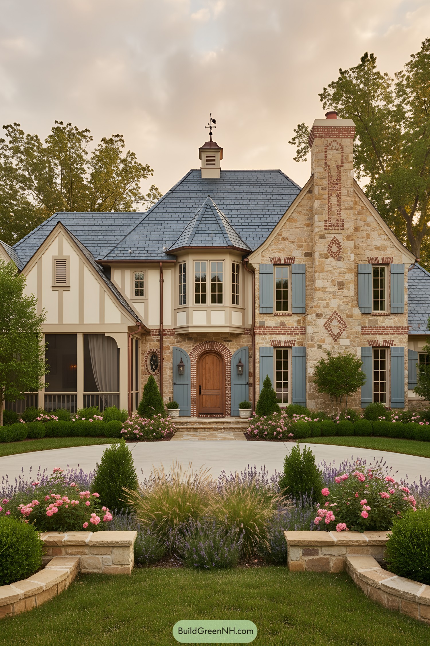 French Tudor home with blue shutters, stone, and slate roof