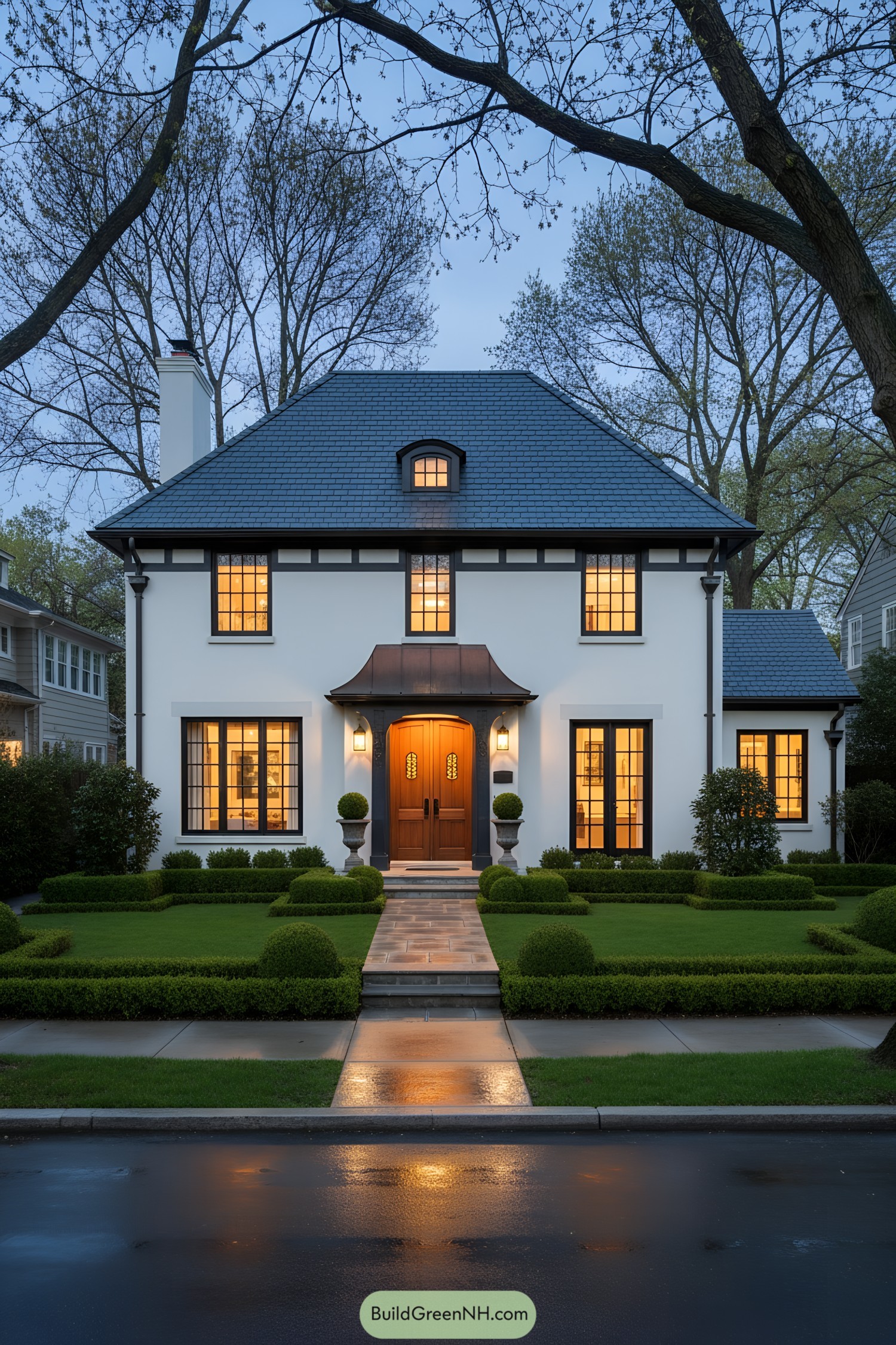 White stucco French Tudor house with blue slate roof, copper awning, and manicured hedges at dusk