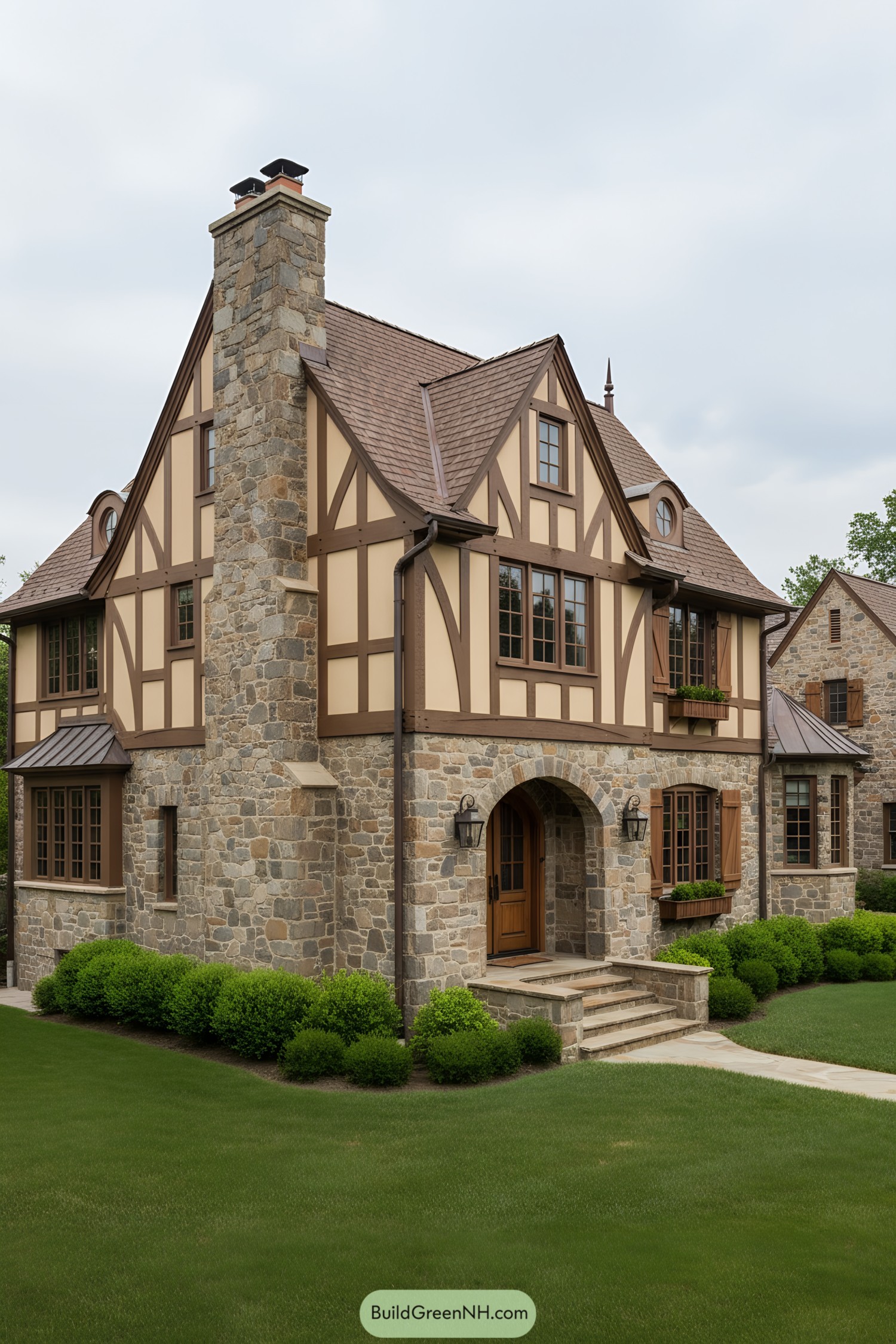 French Tudor home with stone facade, half-timbering, and steep gables