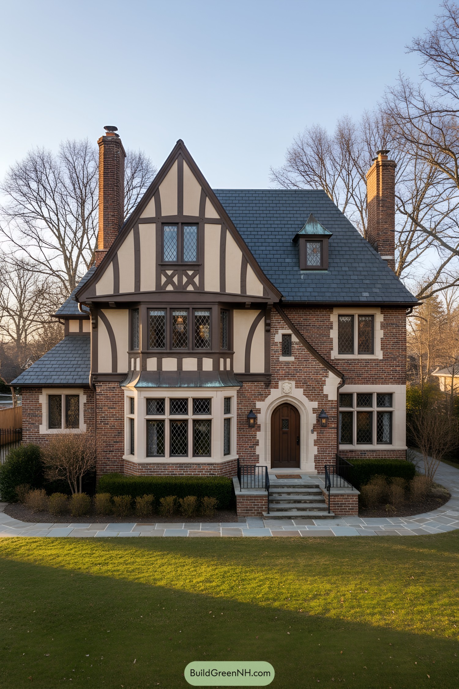 Brick-and-stucco French Tudor with slate roof