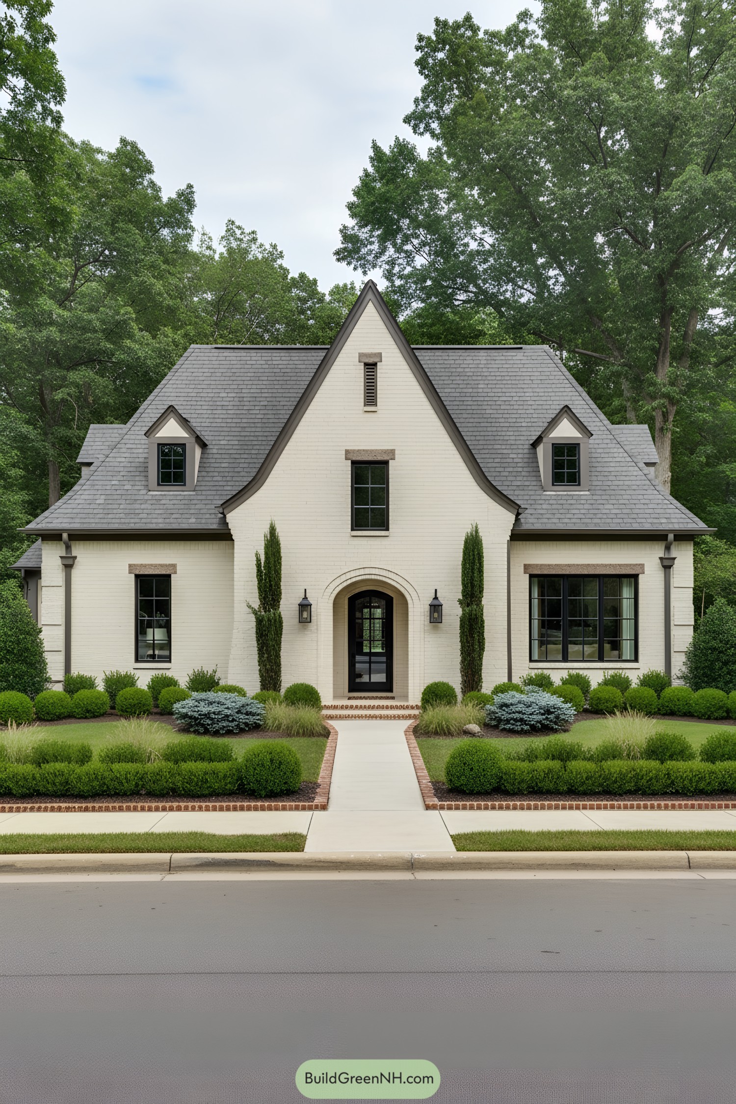 Cream-brick Tudor with steep gables and manicured garden