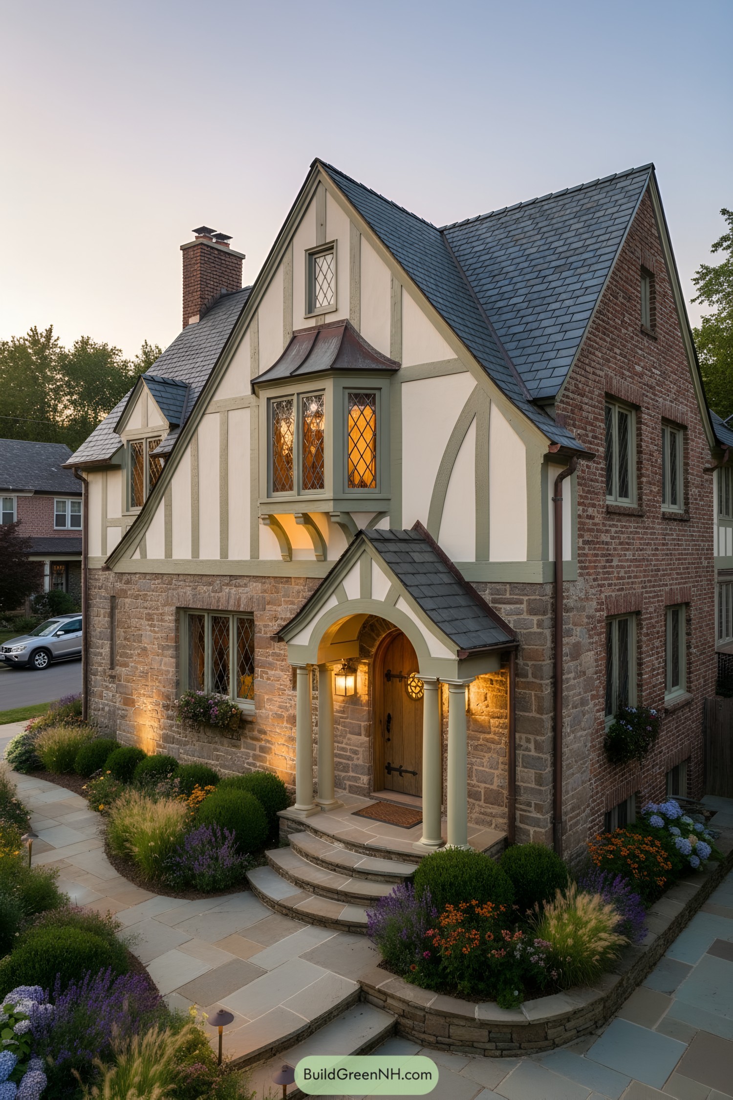 French Tudor cottage with sage trim, bay window, and arched entry