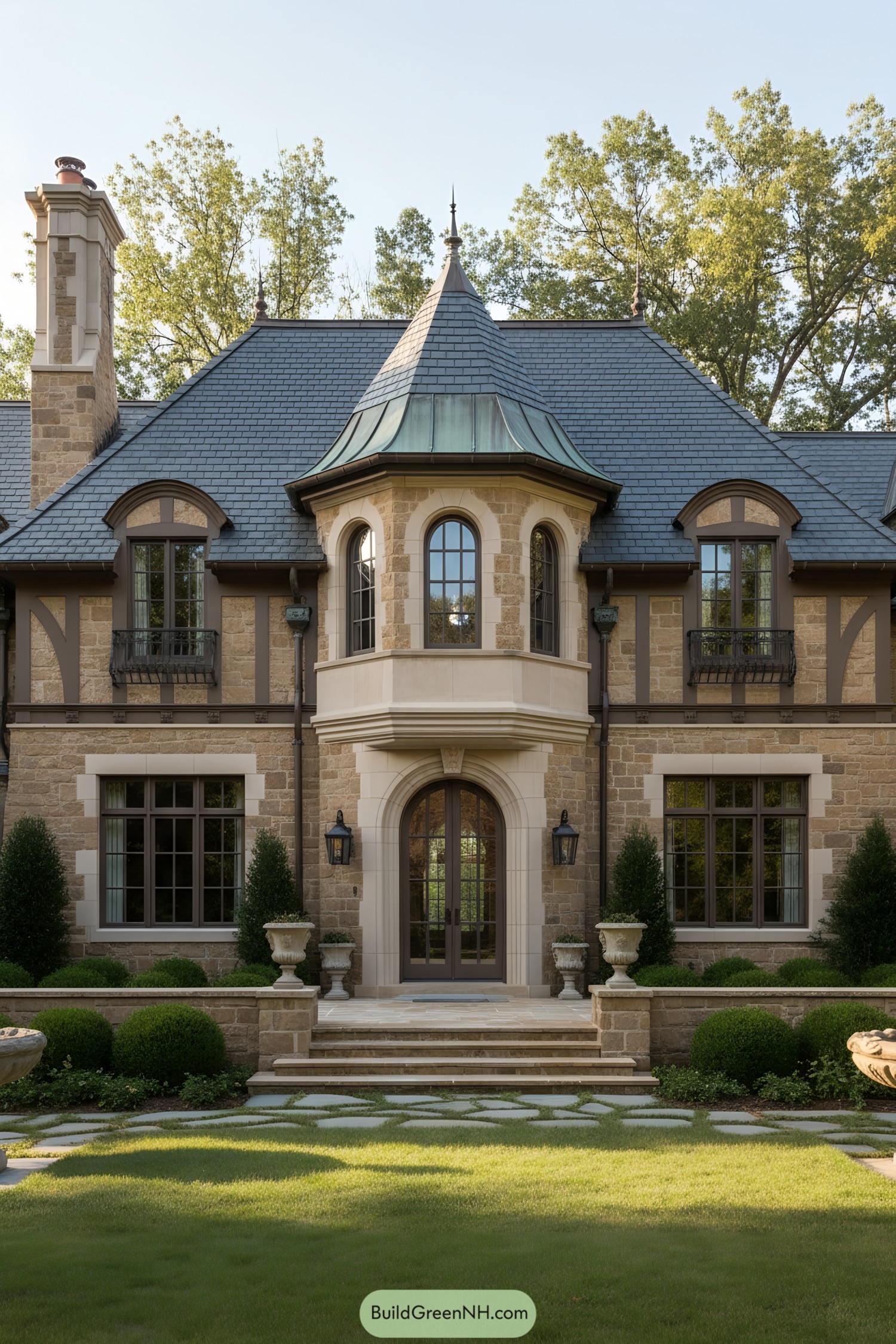 Front-facing limestone Tudor with copper-topped turret and slate roof