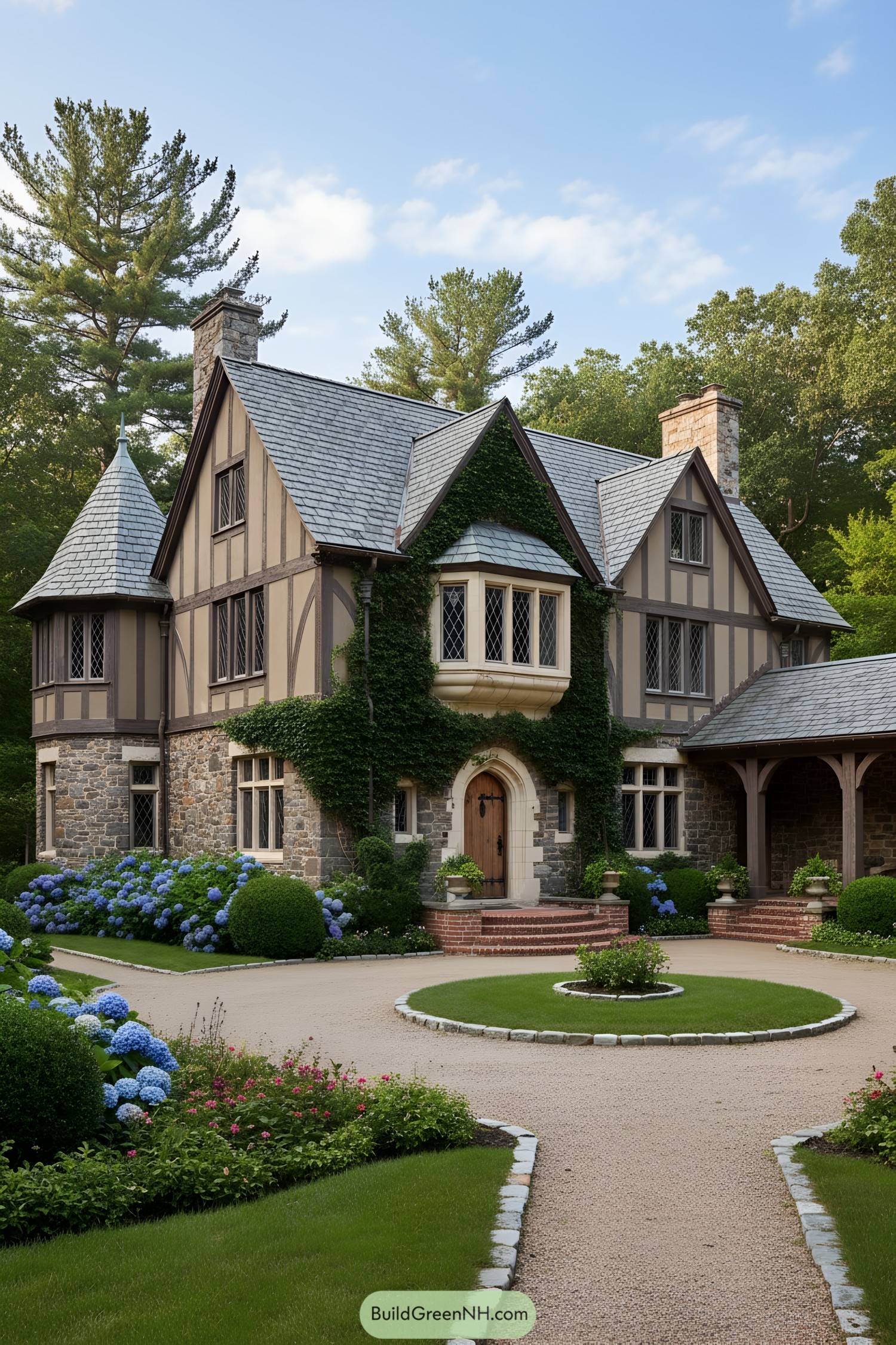 Stone-and-timber French Tudor with ivy, slate roof, and turret