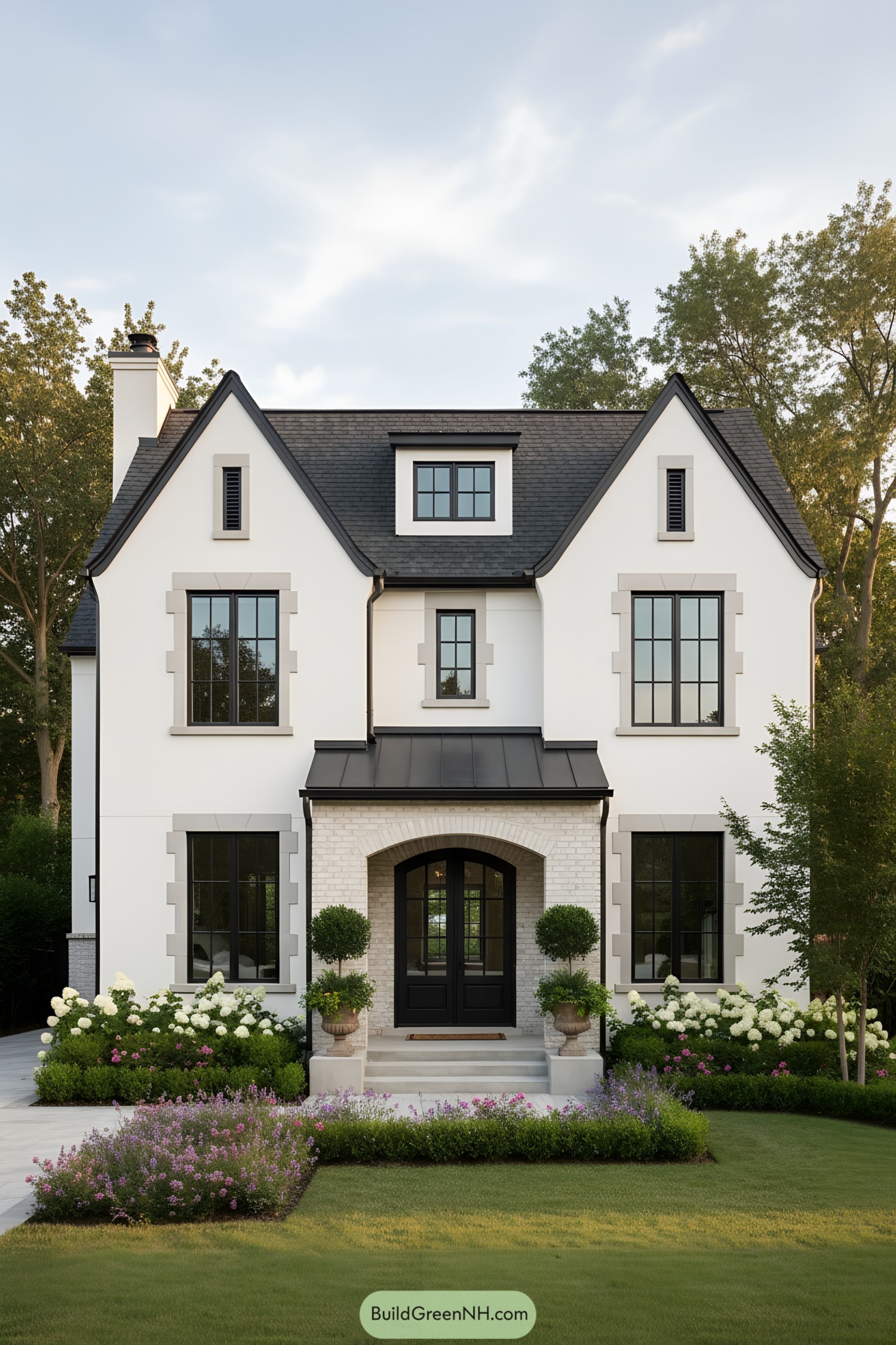 White stucco French Tudor house with black slate roof, arched brick entry, and tall mullioned windows framed by stone quoins