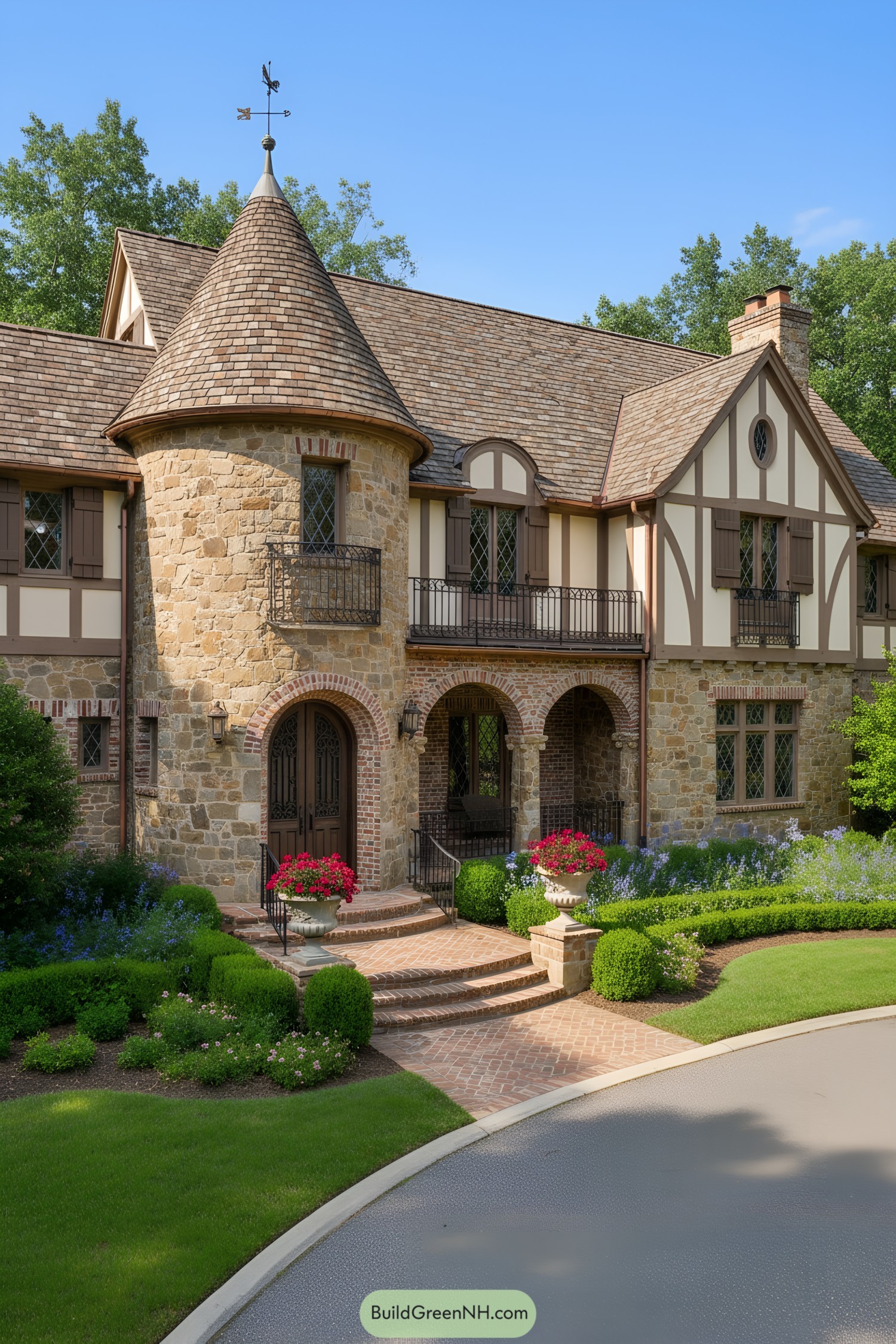 French Tudor home with stone turret, timbering, and arched brick entry