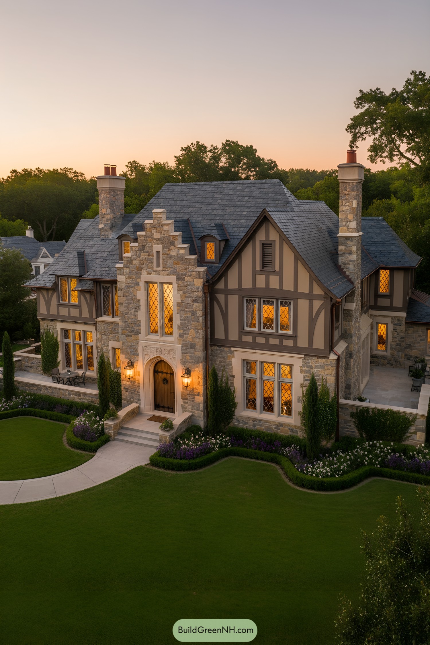 French Tudor manor with stone, half-timbering, slate roof, and leaded windows at dusk