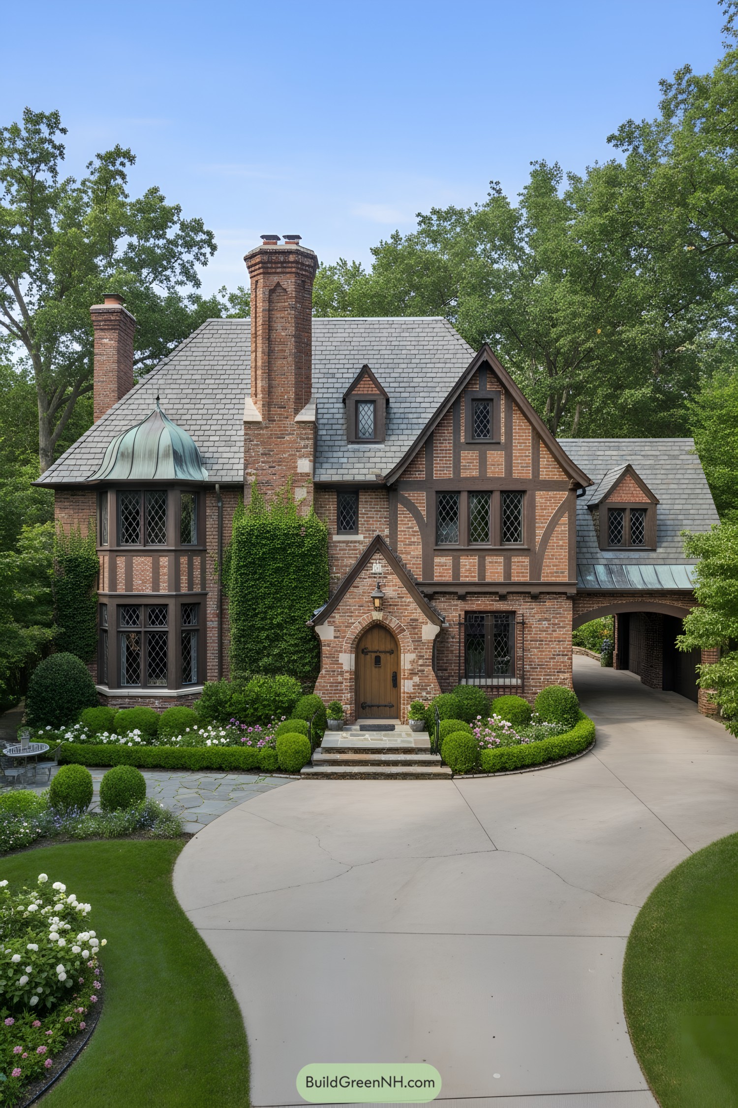 Brick Tudor home with copper dome and slate roof