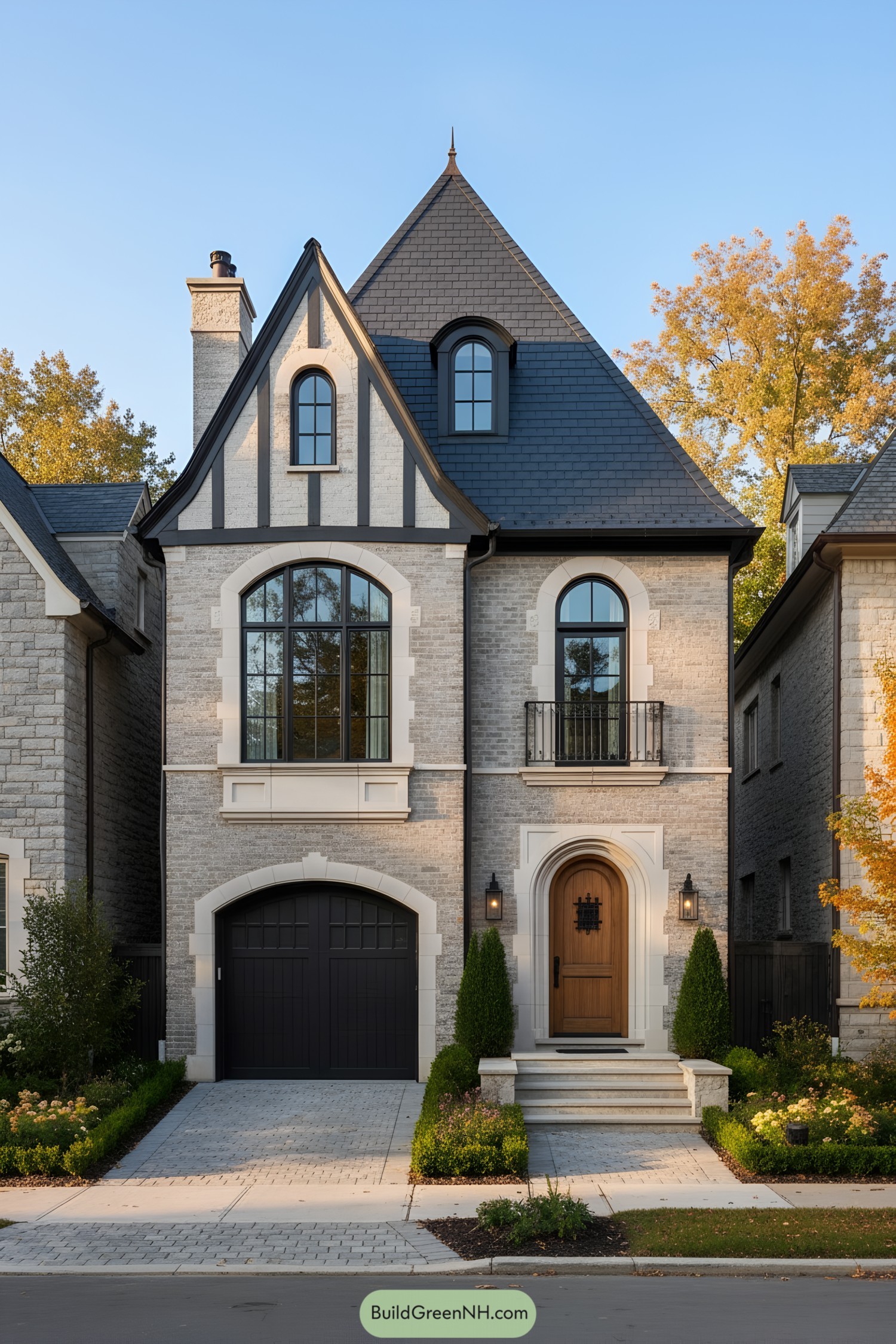Compact French Tudor facade with steep slate roof, arched windows, and wood entry door