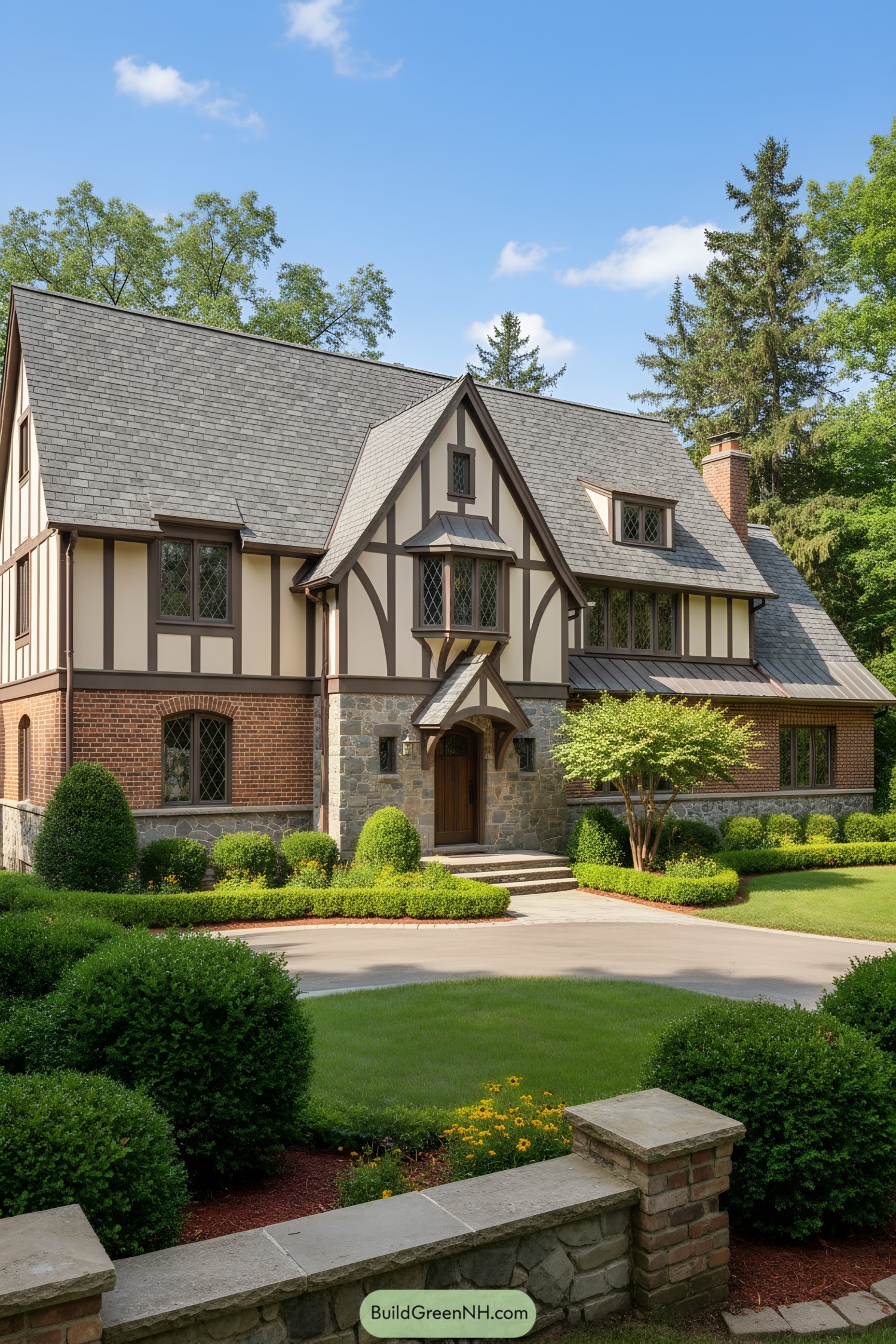 French Tudor home with steep gables, half-timbering, brick and stone base, leaded windows, and manicured garden