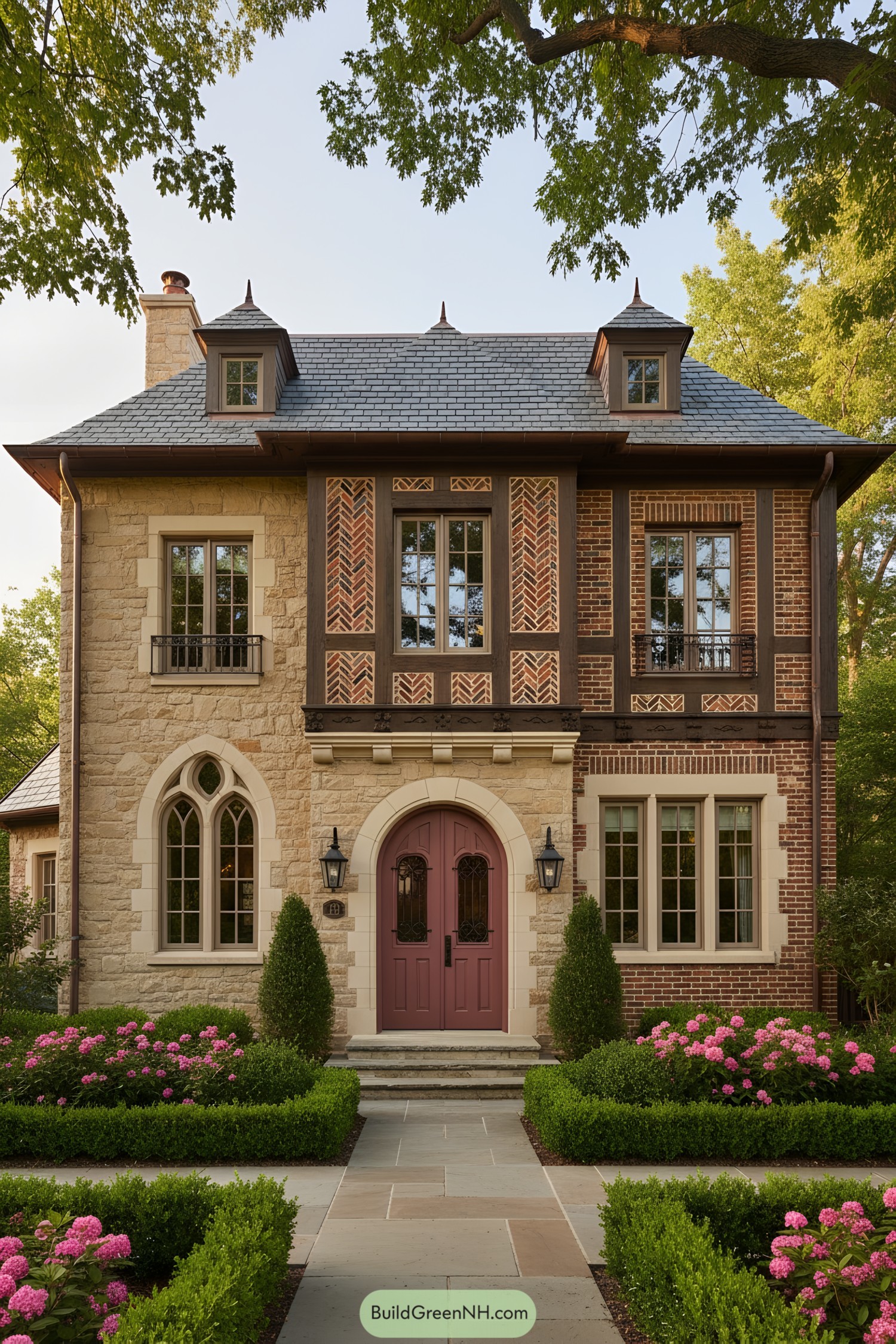 French Tudor house with rose door, stone and brick facade, and slate roof