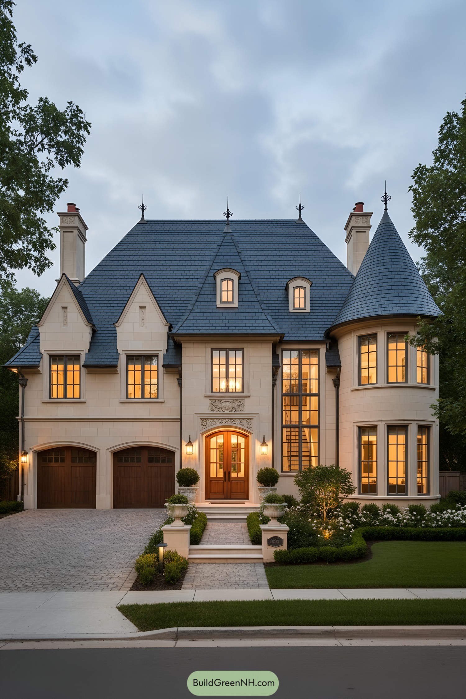 Elegant French Tudor manor with slate roof, tall windows, and rounded turret glowing at dusk