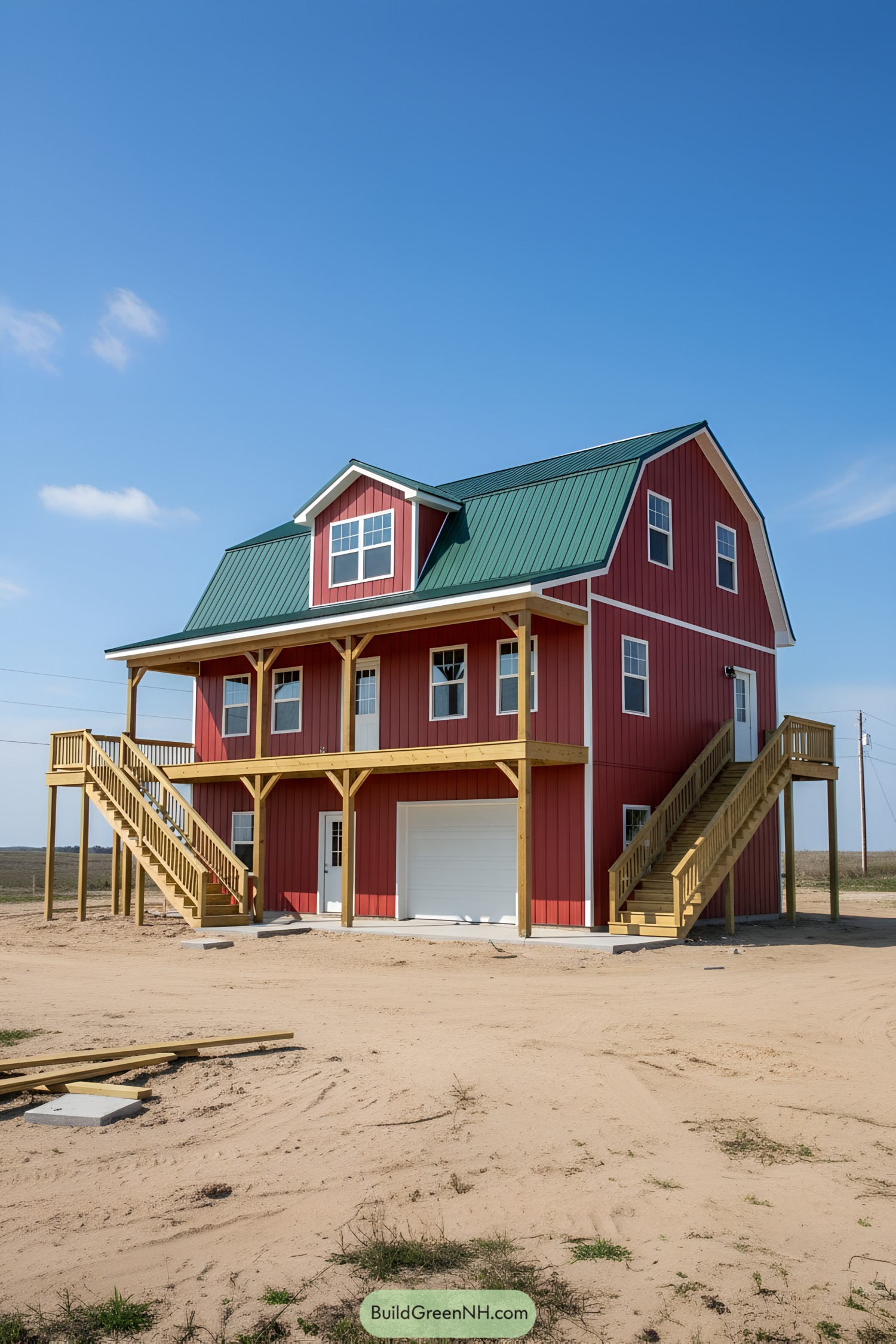 Red gambrel barn house with green metal roof and elevated wraparound deck, twin exterior staircases, and ground-level garage