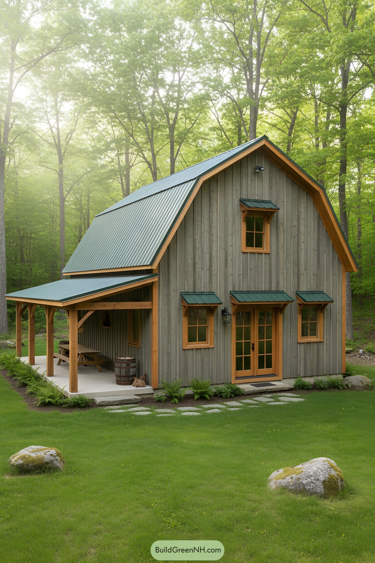 Compact gambrel barn house with side porch