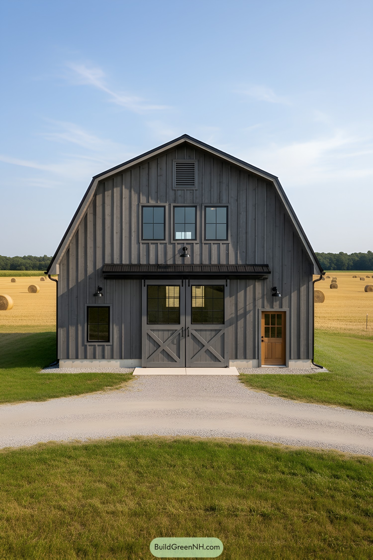 Gray gambrel barn house with black windows
