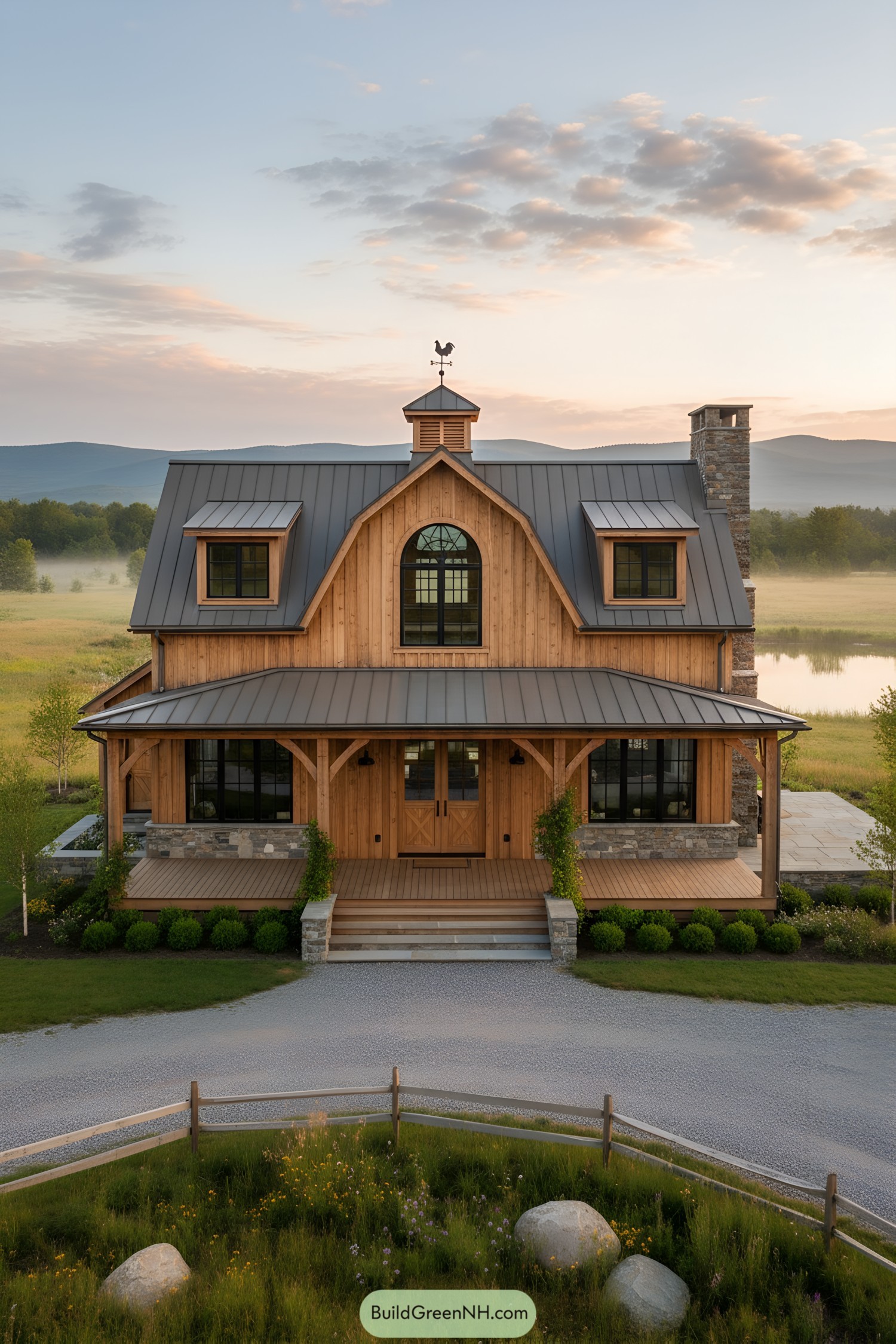 Two-story timber gambrel with metal roof, cupola, and broad wraparound porch at sunrise