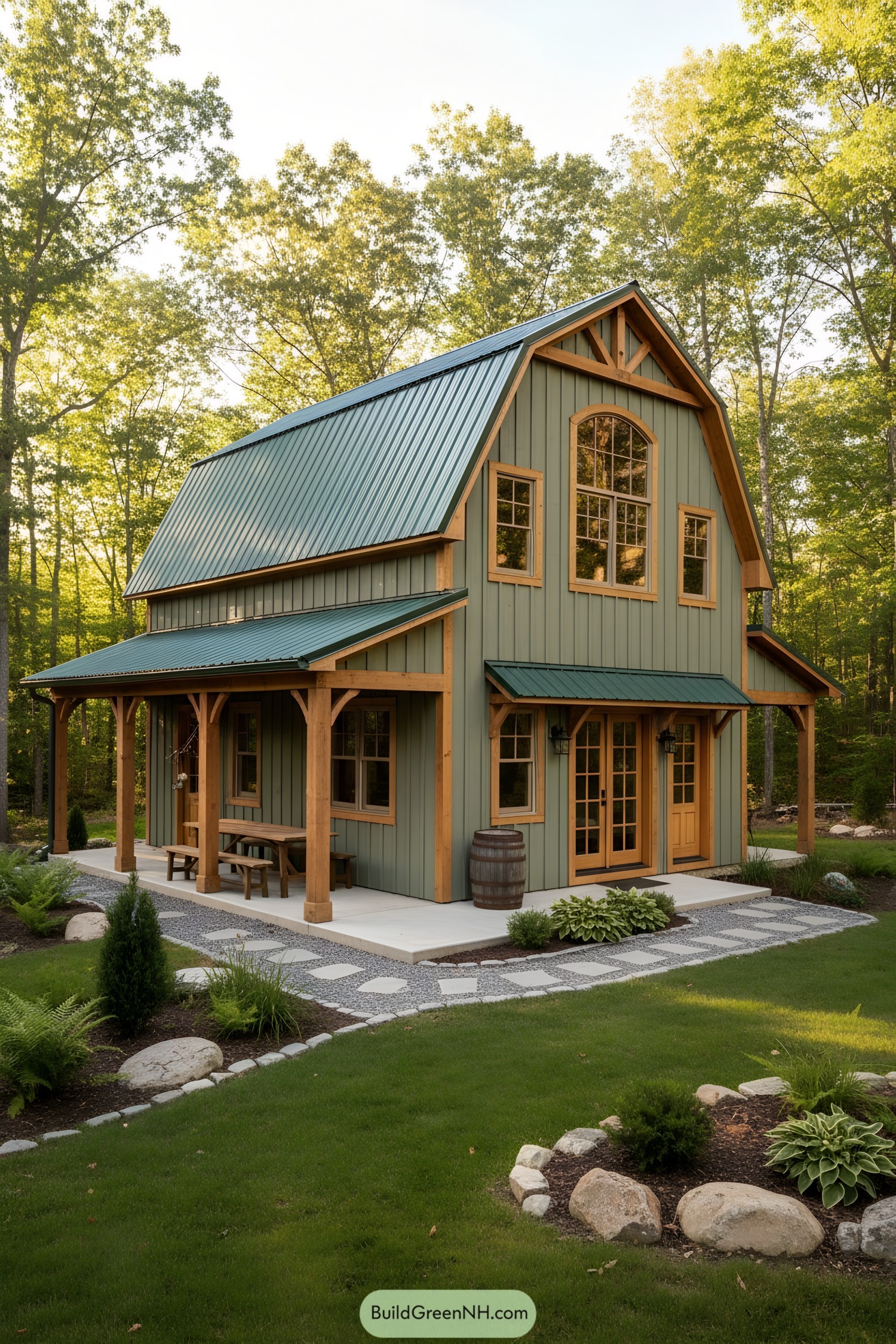 Compact gambrel barn house with green metal roof and timber posts