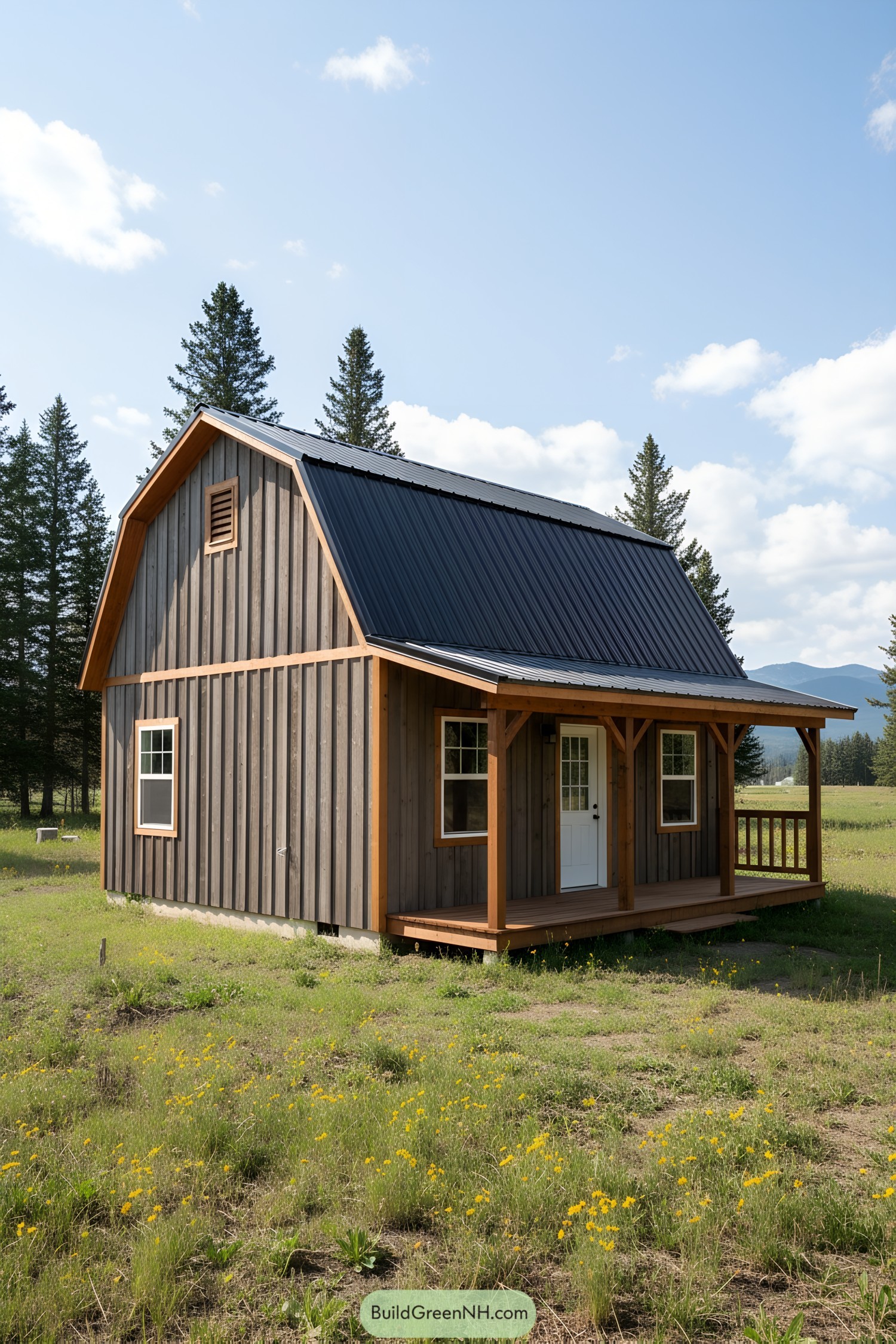 Small gambrel cabin with cedar trim and metal roof