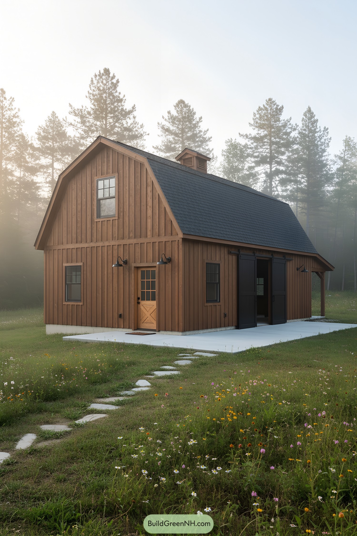 Compact gambrel barn with wood siding and black sliding doors