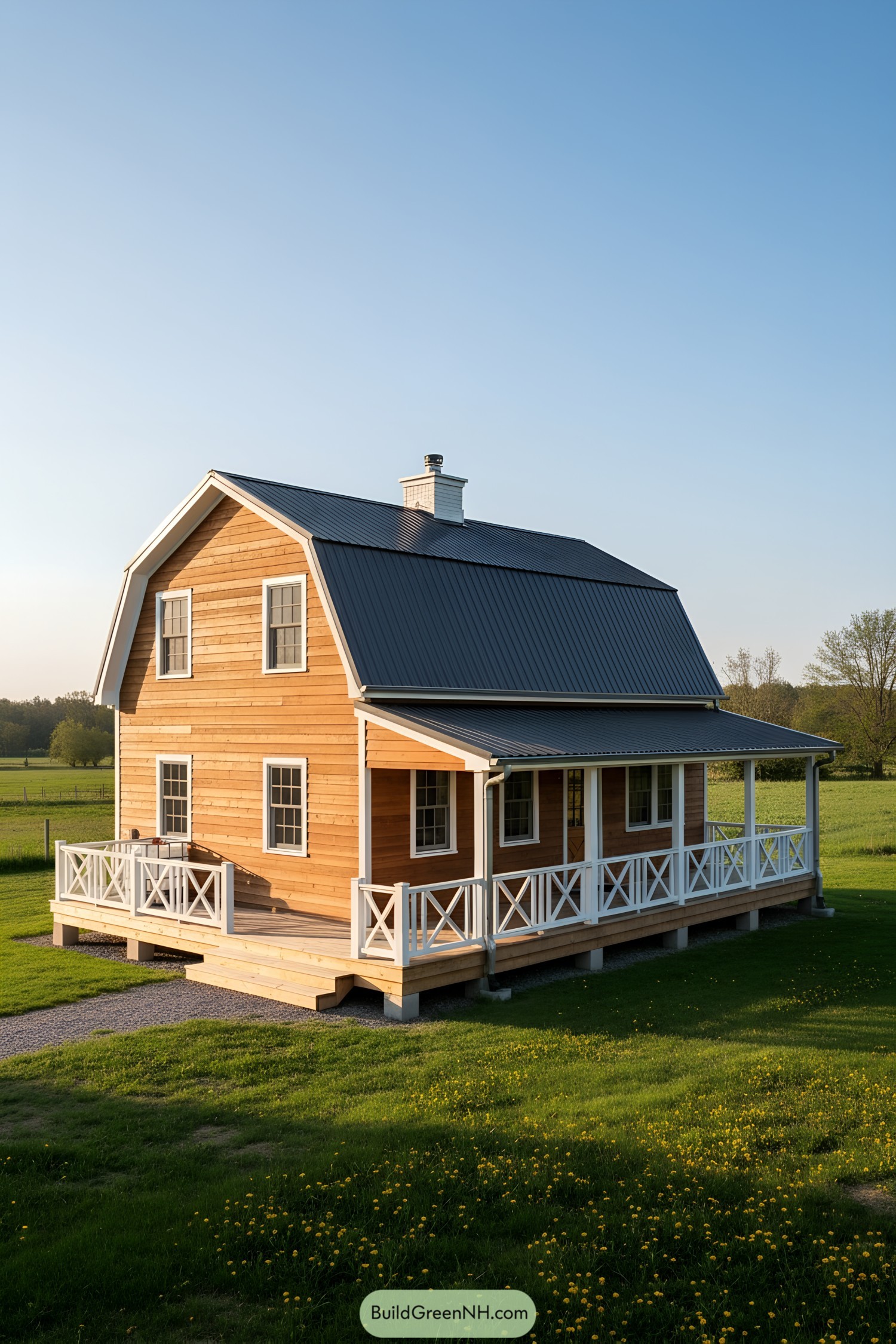 Small gambrel barn house with wraparound porch at sunset