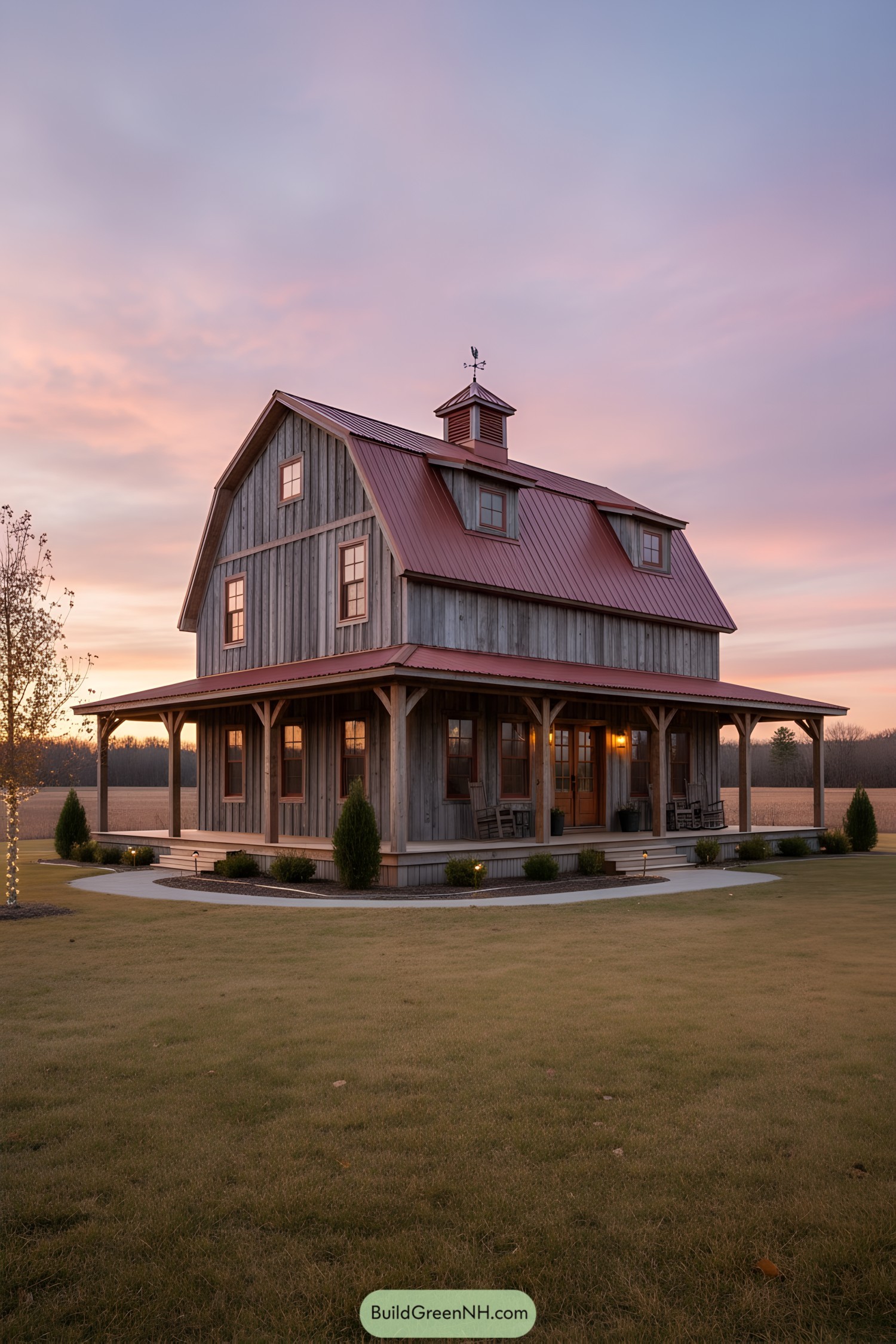 Gambrel barn home with red metal roof