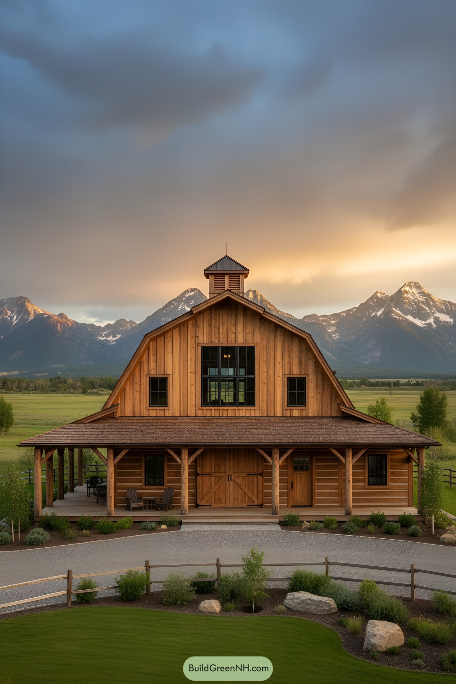 Wood-clad gambrel barn house at sunset