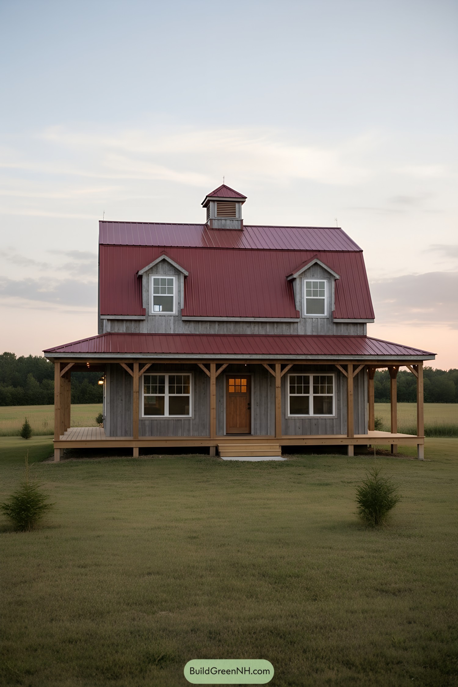 Gambrel barn house with red metal roof, dormers, and wraparound porch