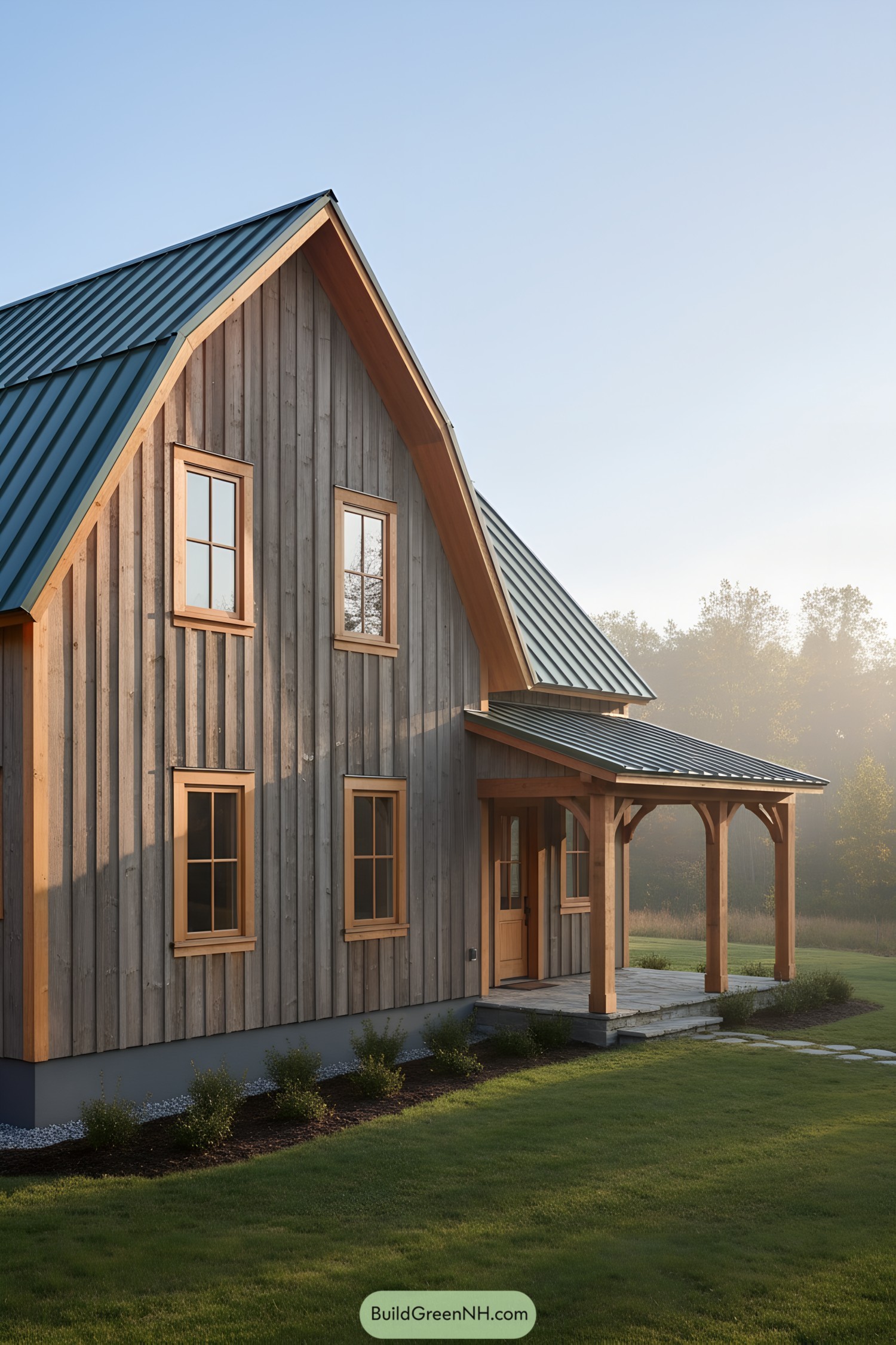 Gambrel barn house with blue metal roof and timber porch