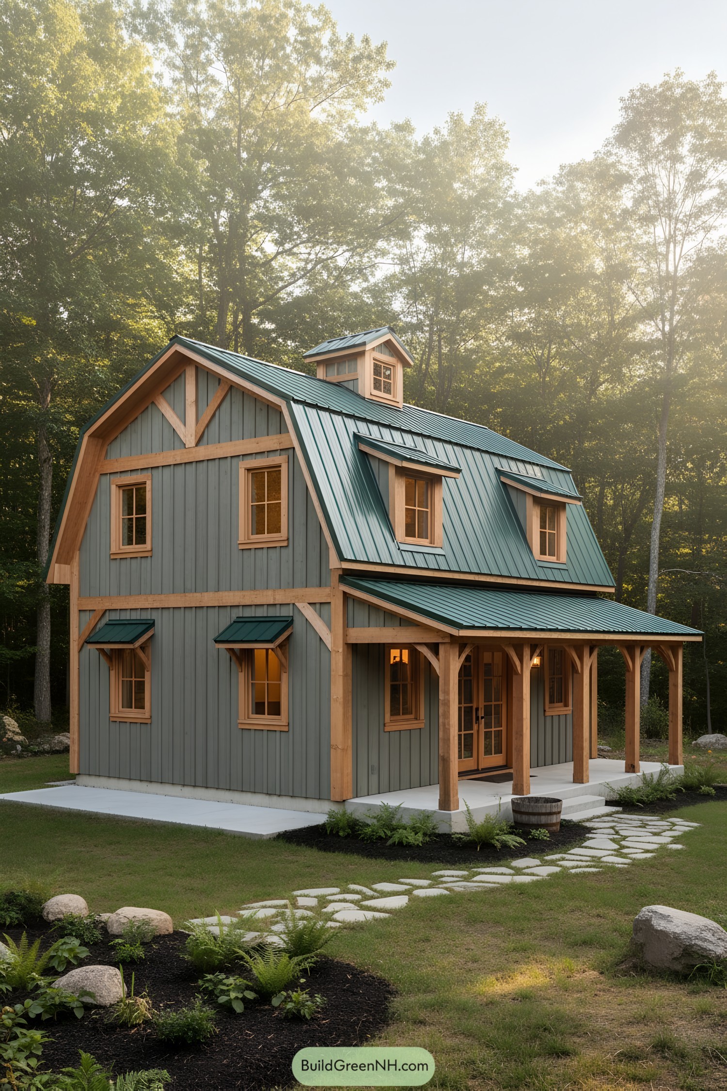 Compact gambrel barn house with teal metal roof, timber posts, dormers, and covered porch