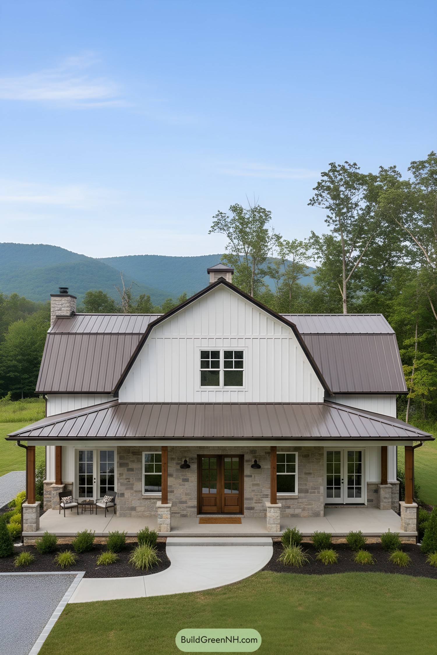 Gambrel-roof farmhouse with stone porch and metal roof