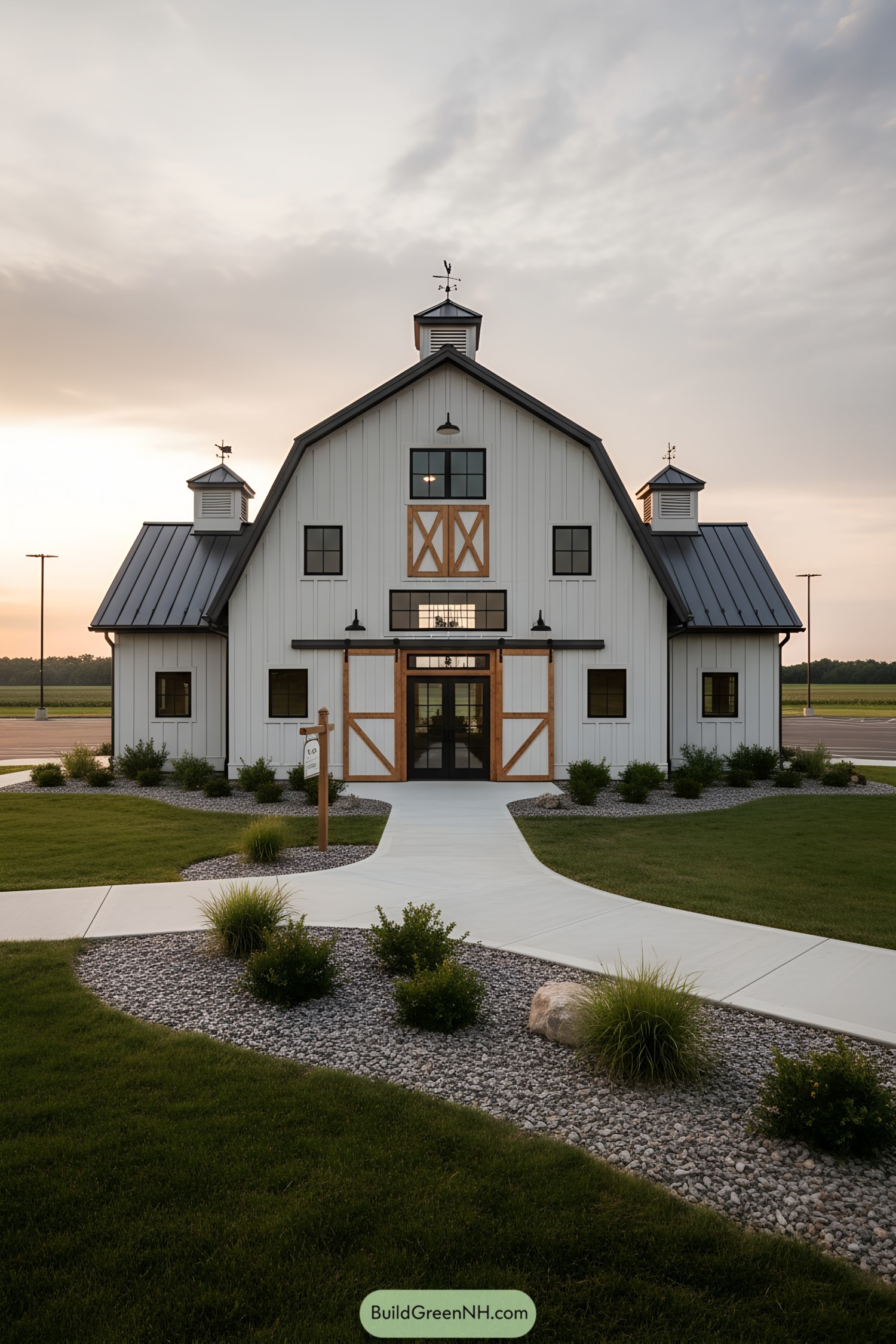 White gambrel barn with black roof and wood accents