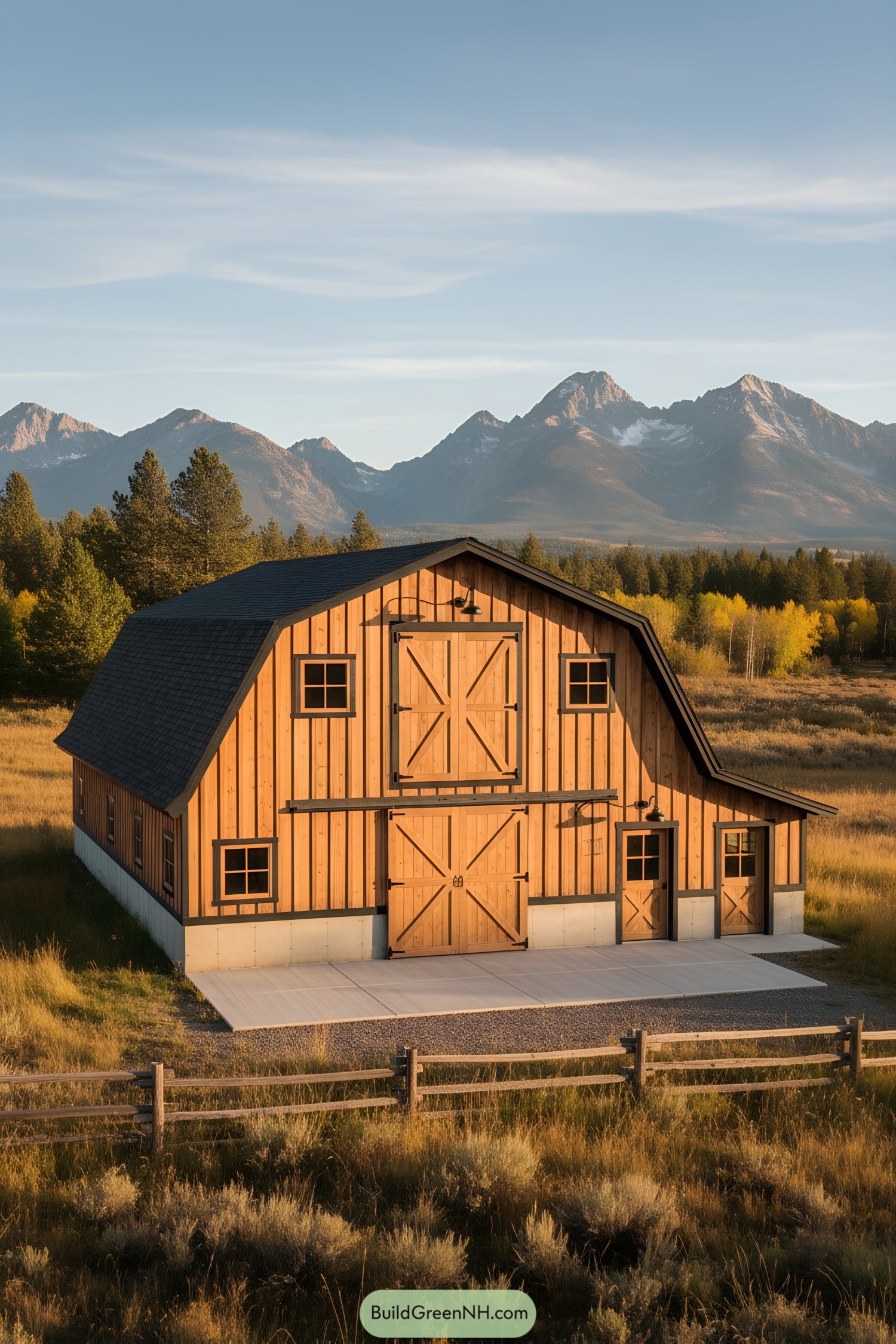 Warm wood gambrel barn with black trim