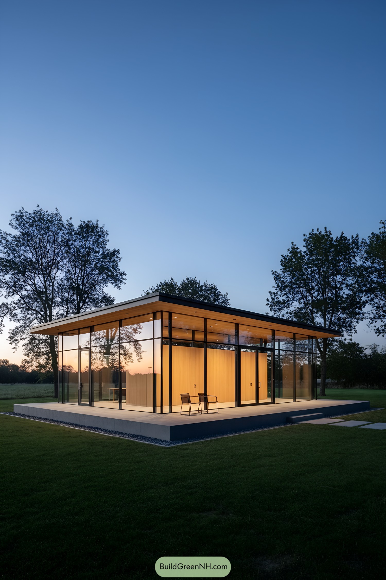 Minimal glass pavilion glowing at dusk
