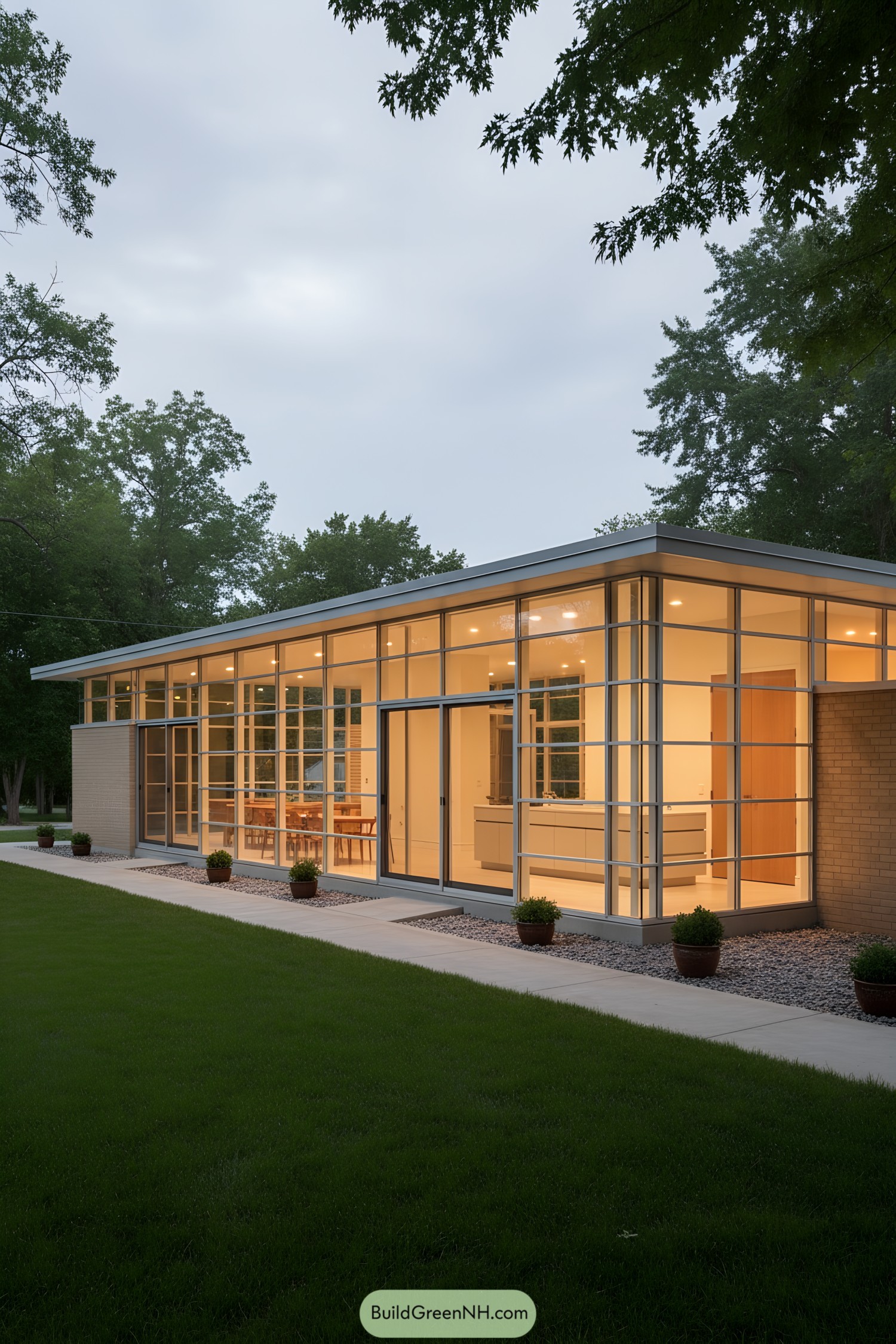 Low-slung glass house with warm interior glow