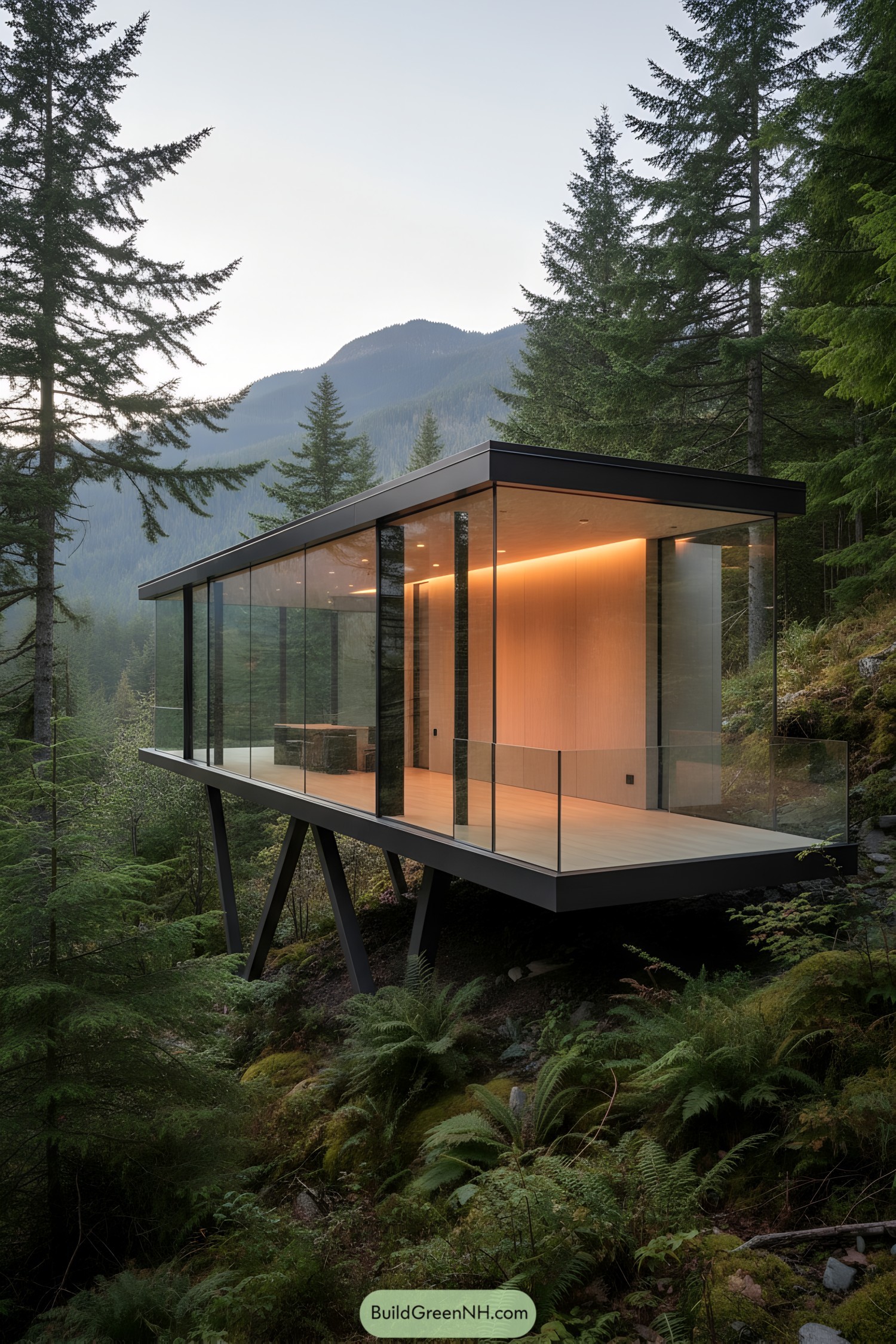 Elevated glass pavilion on steel stilts in forested mountains
