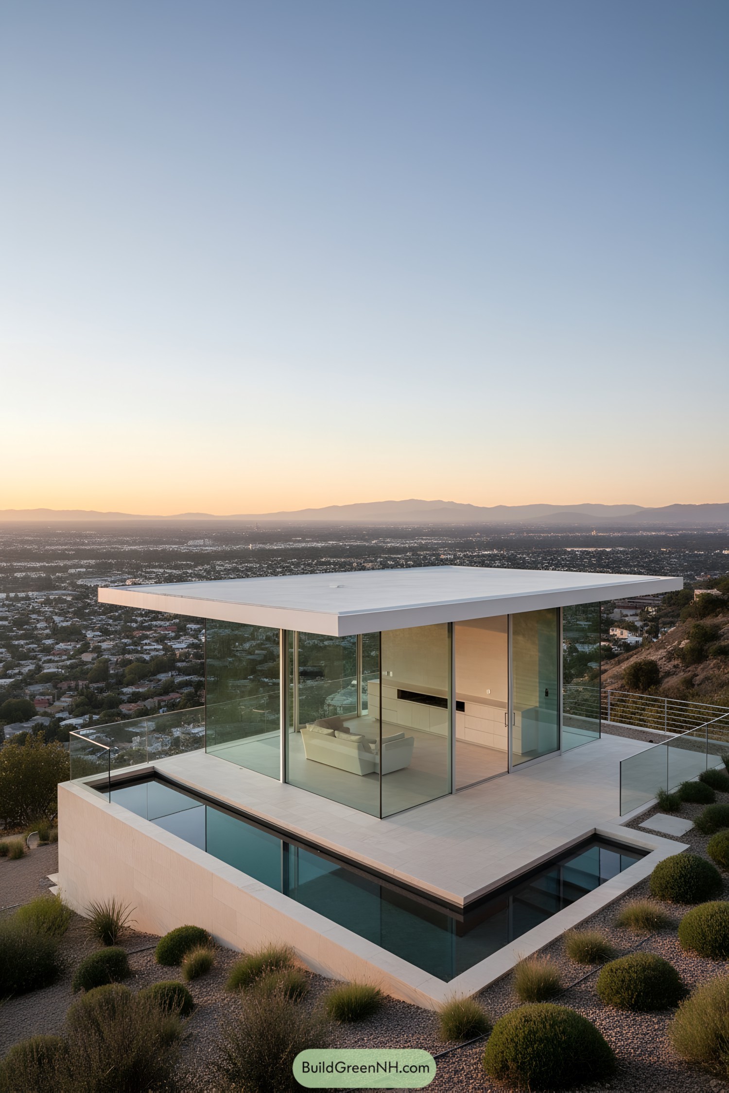 Glass cube home with cantilevered roof