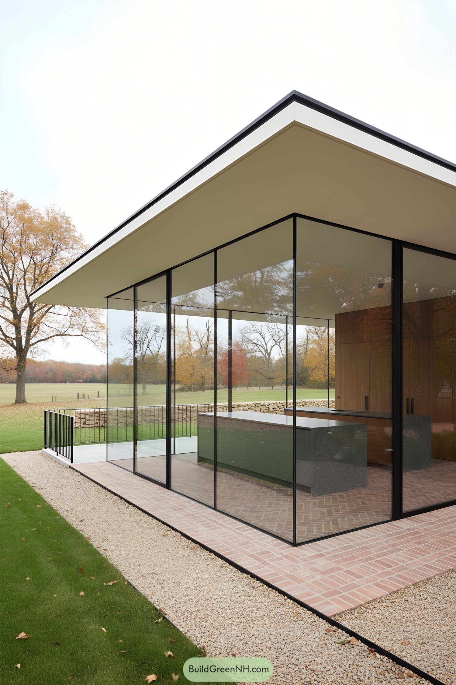 Minimal glass pavilion with thin black frames and broad overhang in a grassy meadow