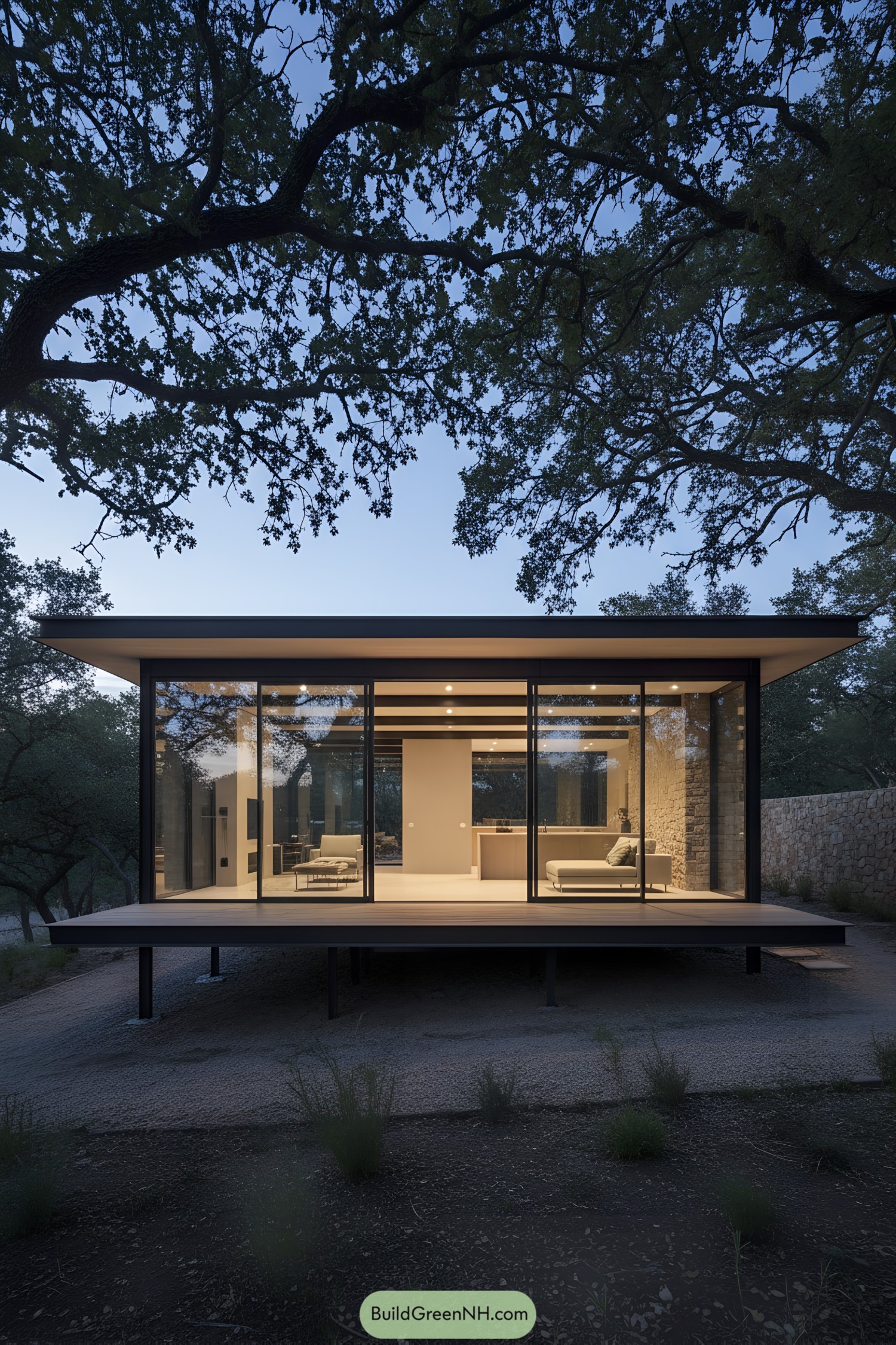 Elevated glass pavilion with warm interior glow at dusk