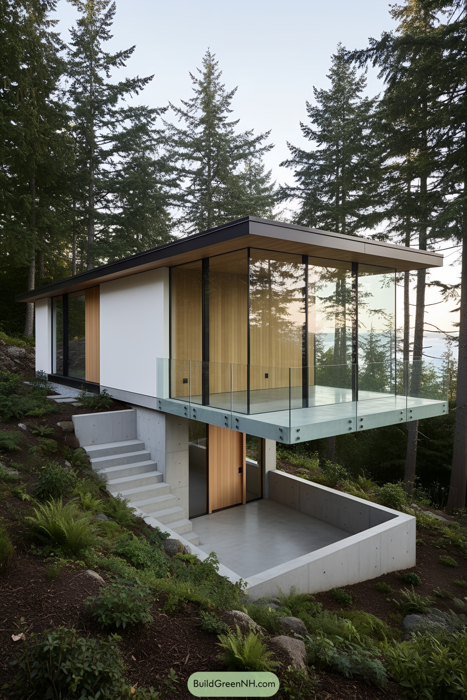 Minimalist glass house on forested slope