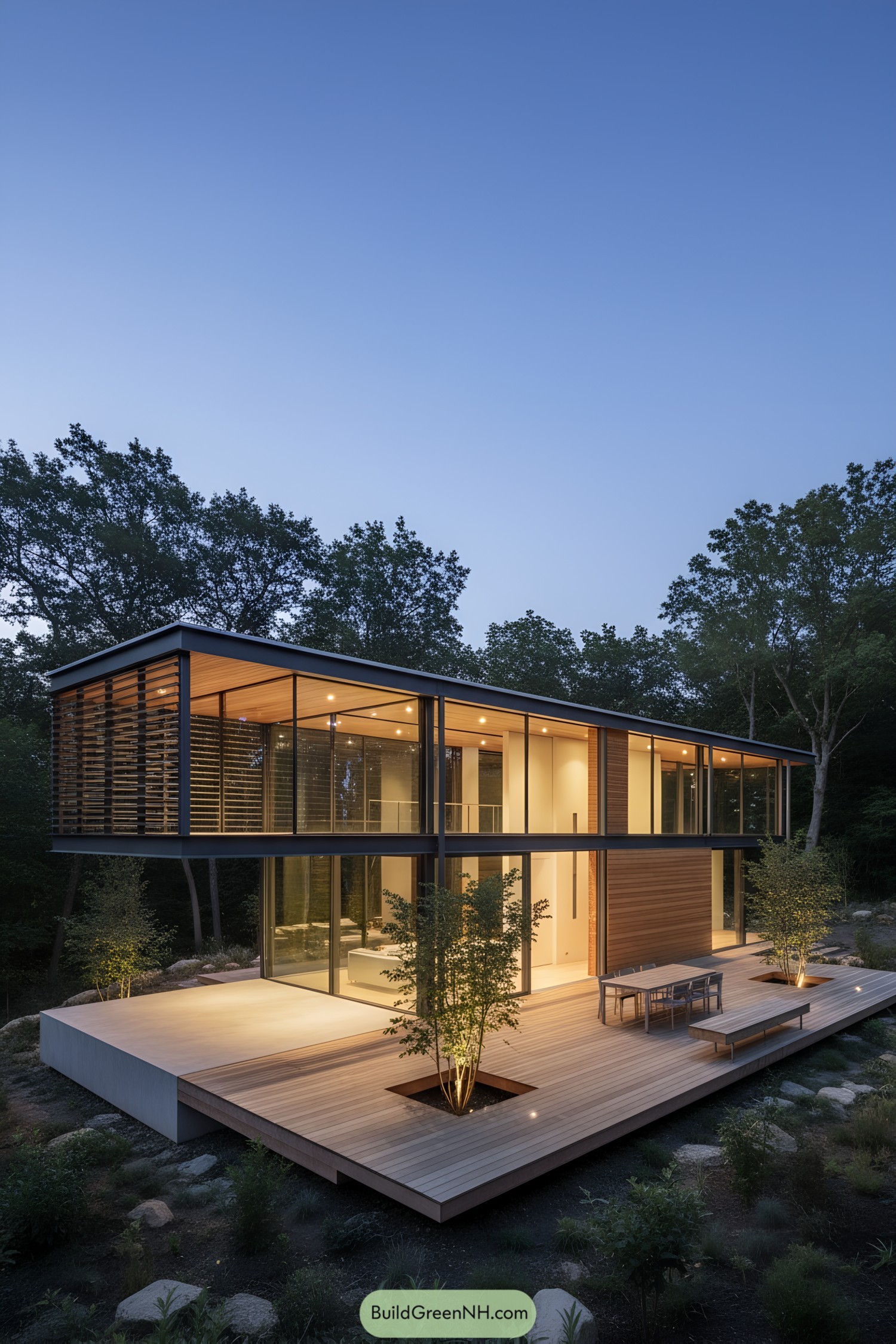 Two-story glass house with wood deck