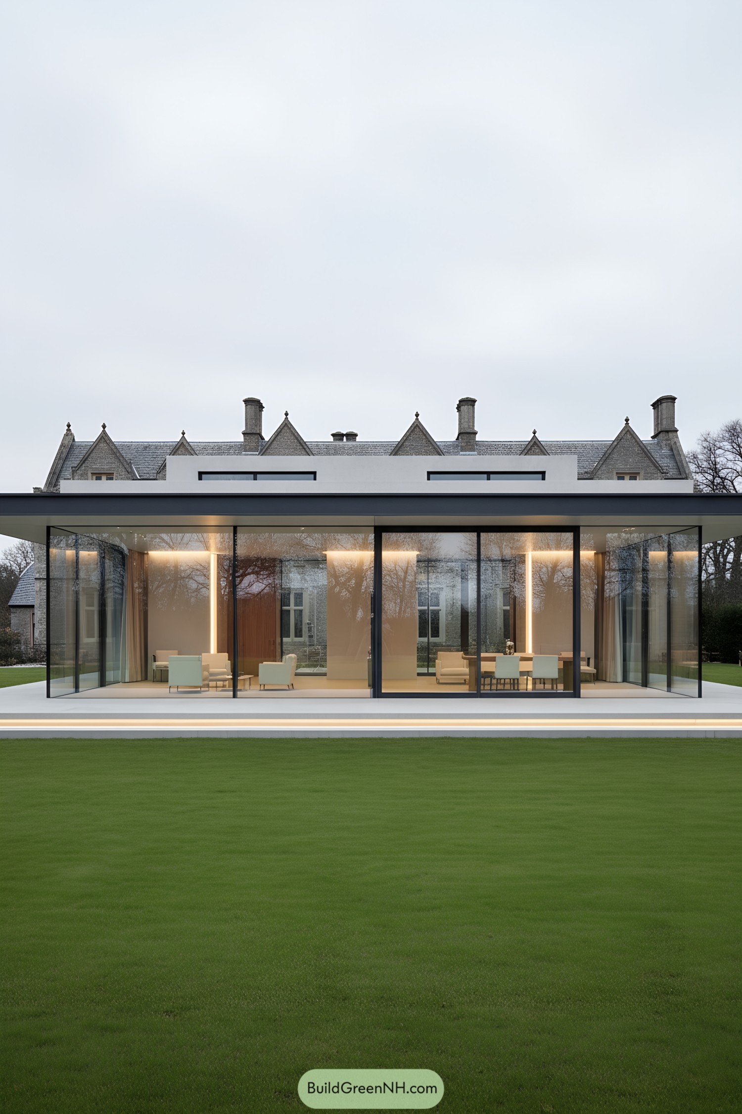 Modern glass pavilion before historic manor