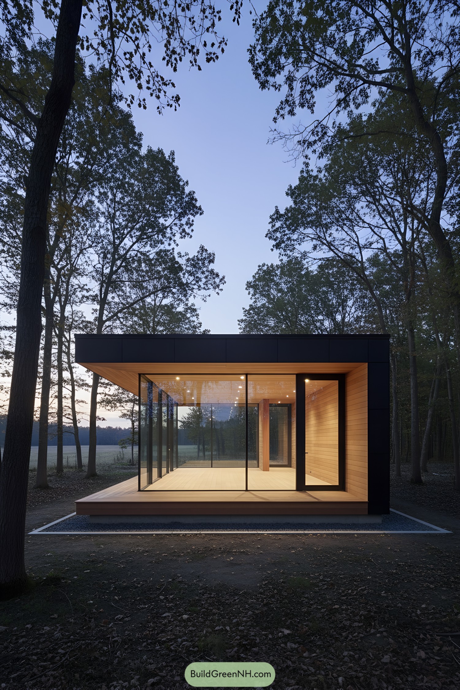 Minimal glass pavilion with wood interior and deep overhang in a forest clearing at dusk