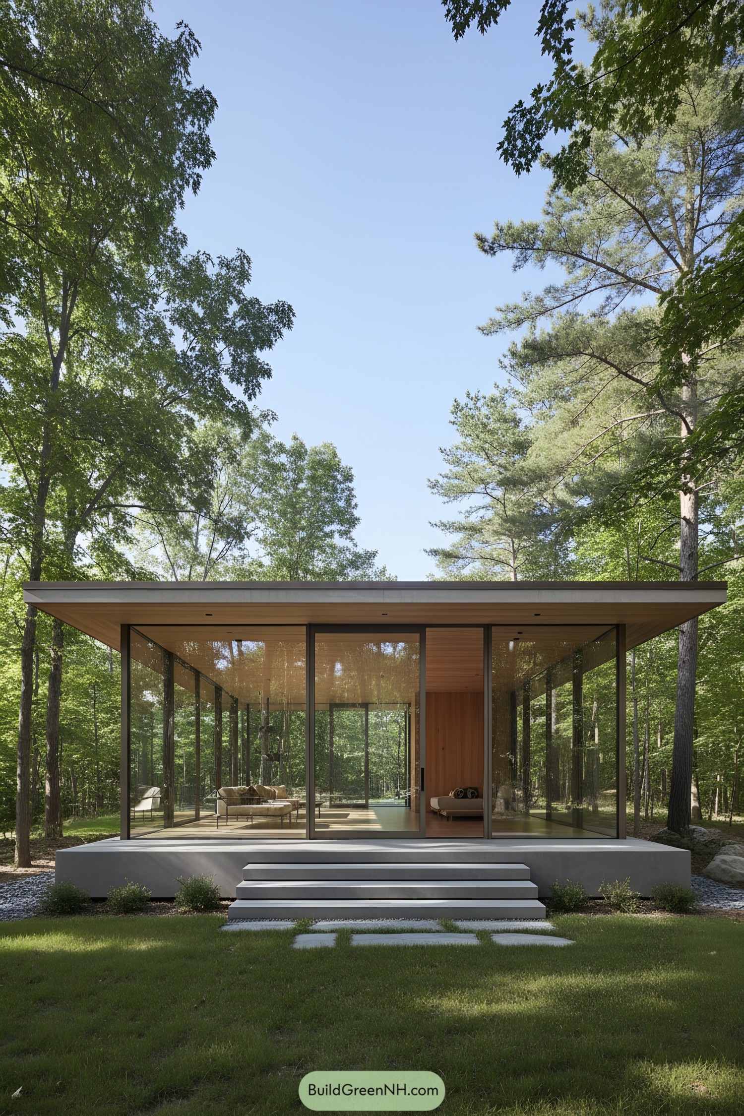 Transparent pavilion with flat roof in forest