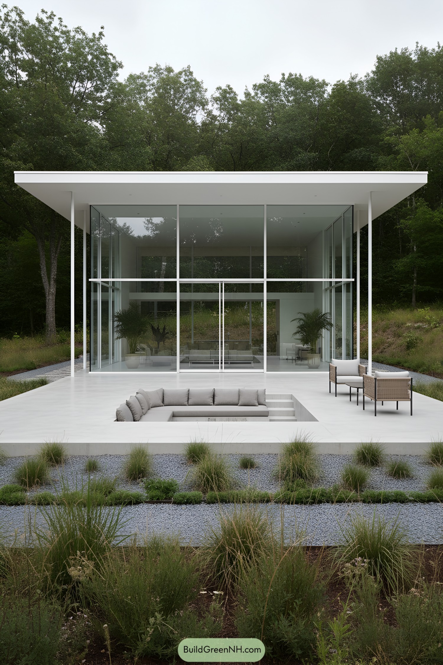 Minimalist glass pavilion with sunken patio seating
