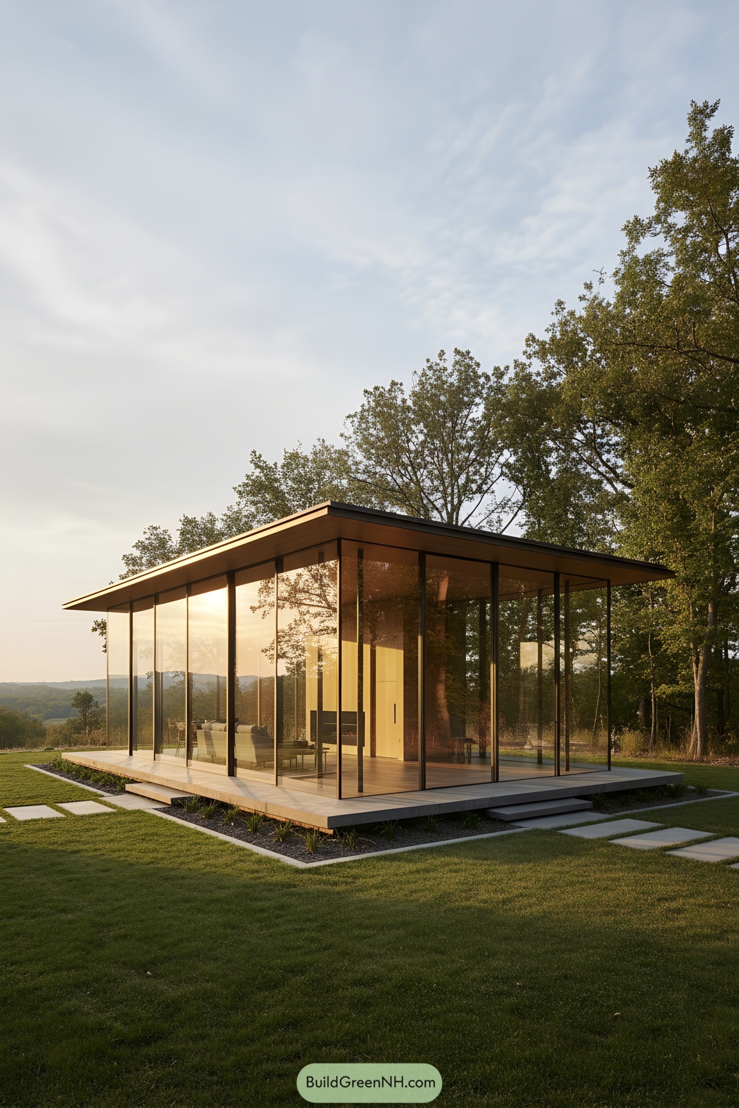 Minimalist glass pavilion with thin roof and panoramic views