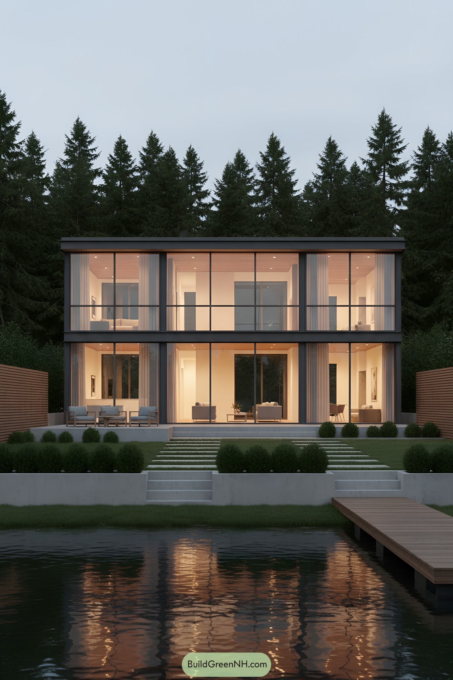 Two-story glass house by a forested riverside at dusk, with warm interior lighting and a dock in front