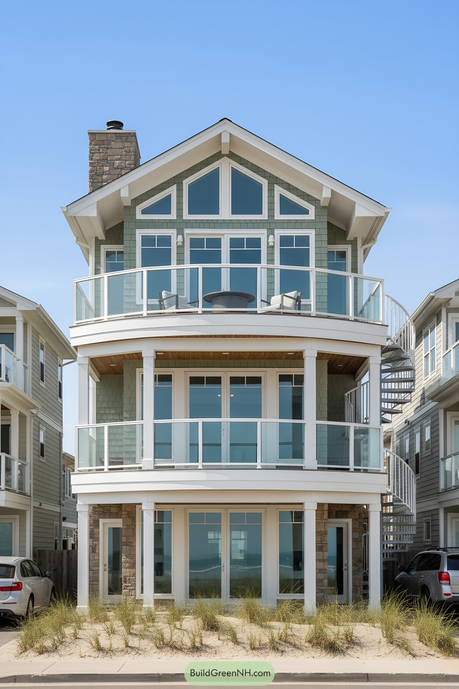 Three-story beachfront cottage with curved glass balconies and large windows