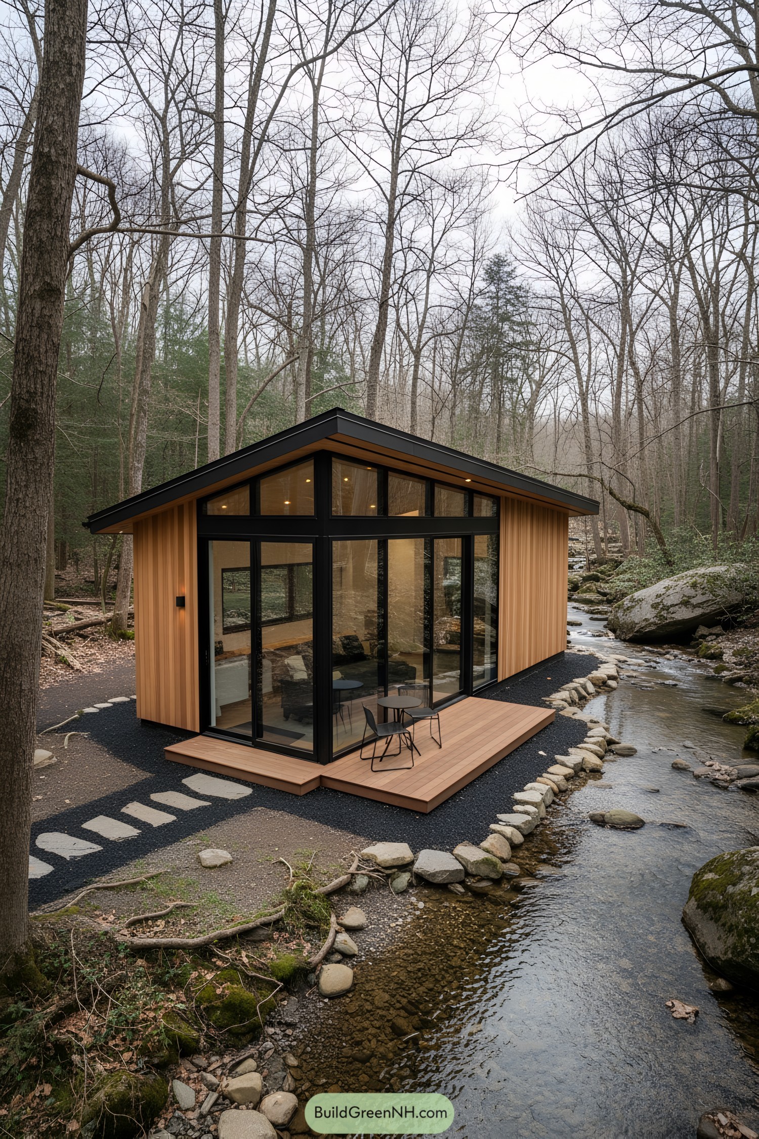 Small glass cabin beside forest creek