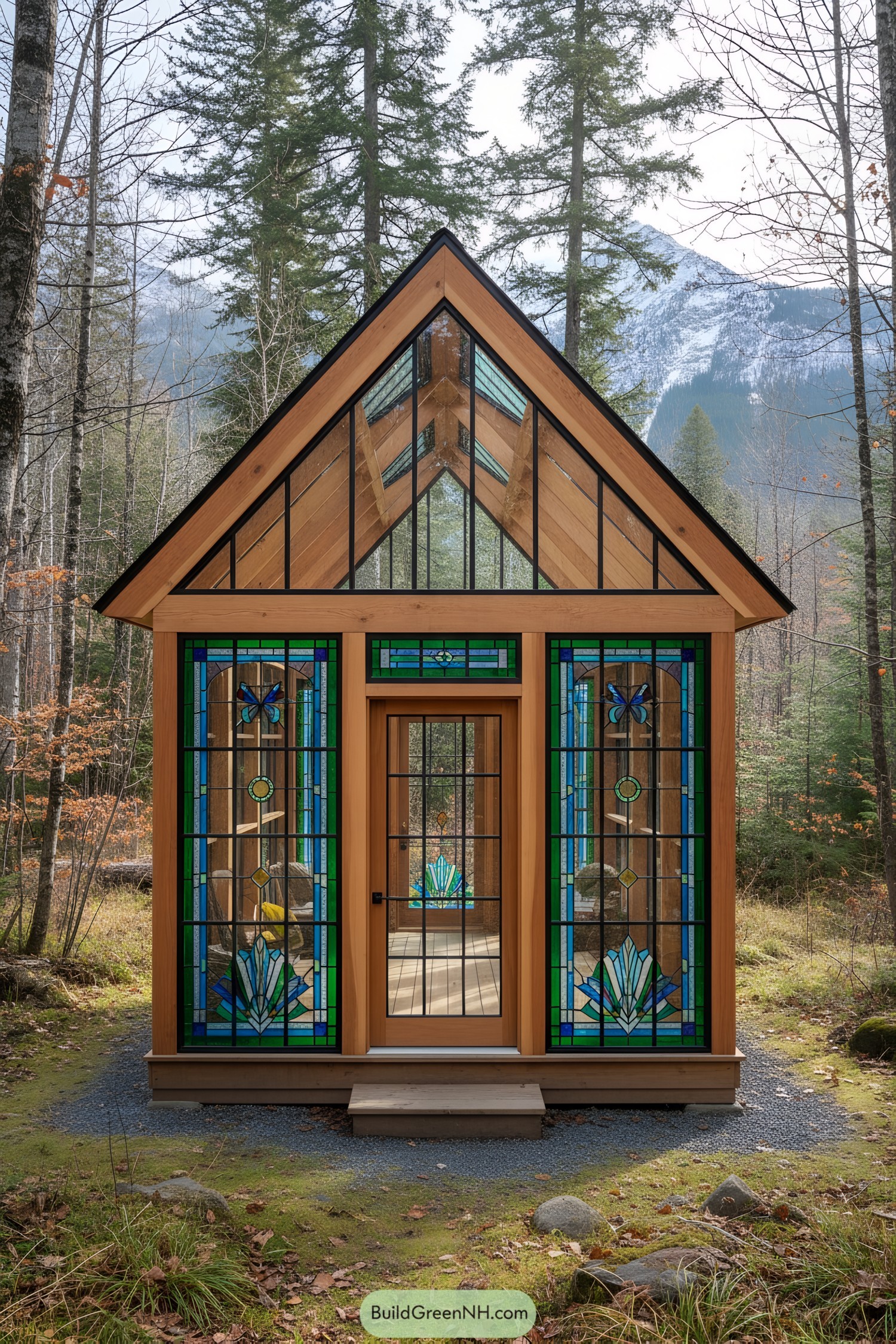 Small timber cottage with stained-glass facade and steep gable roof in forest setting