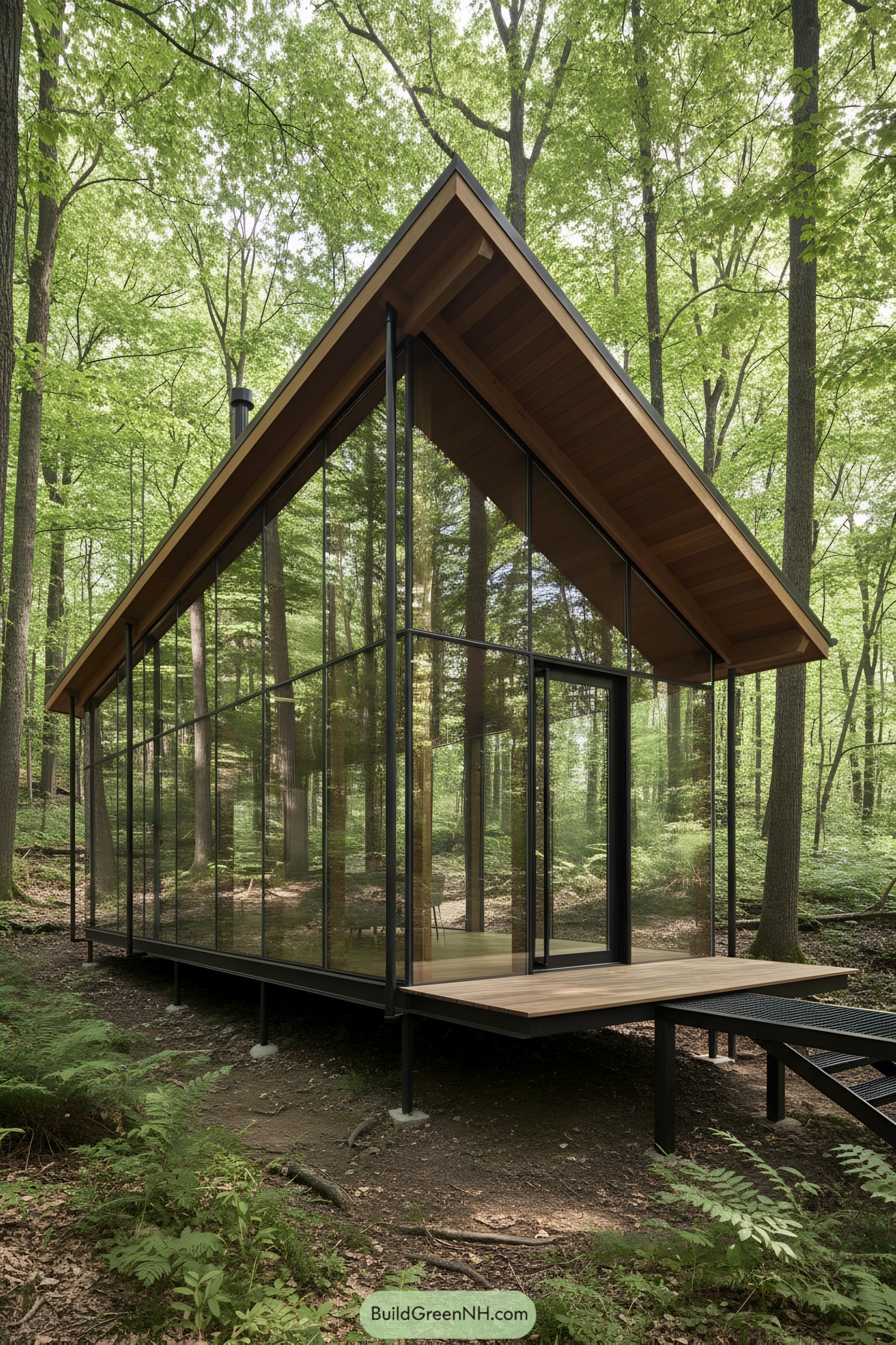 Glass cabin on stilts with steep roof